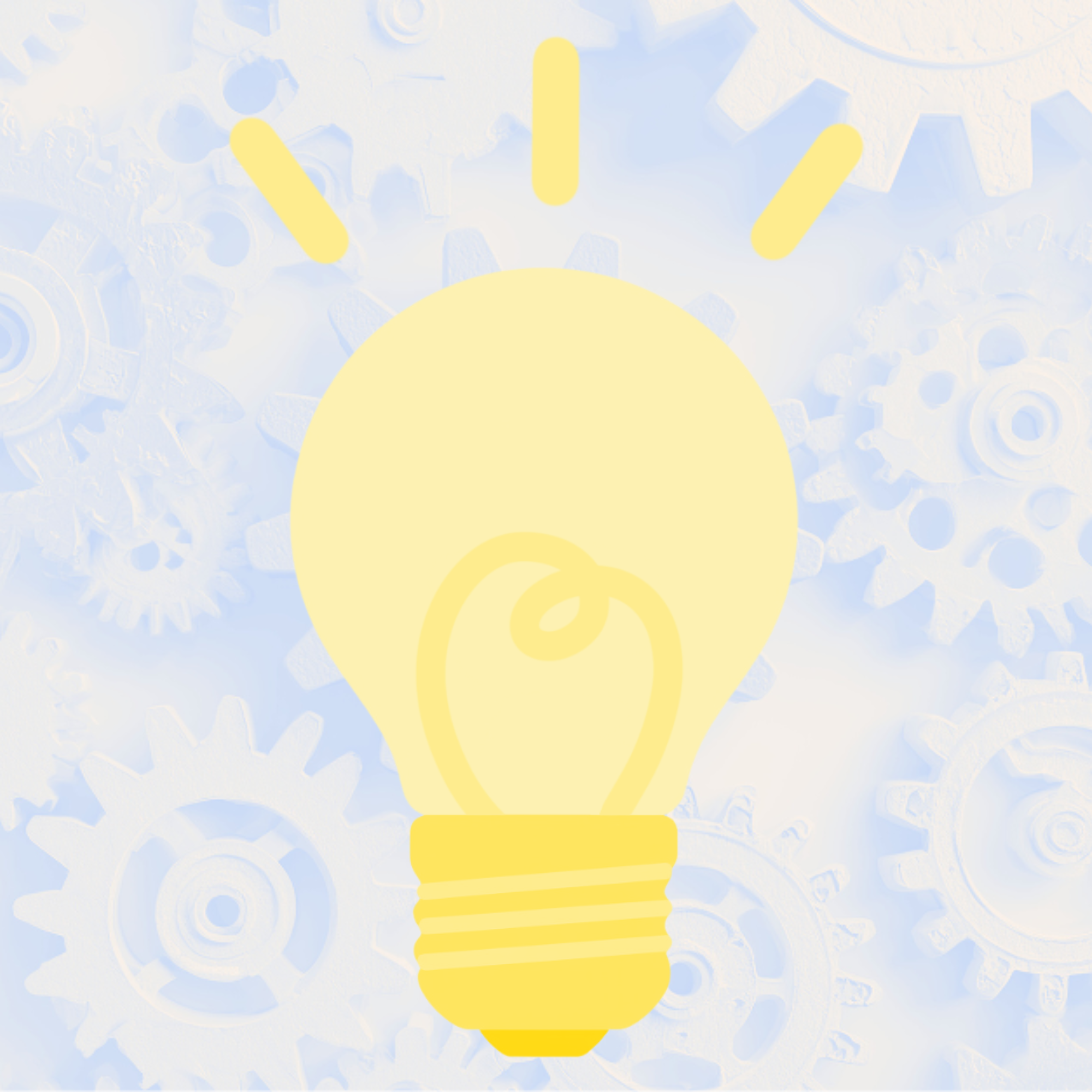 A yellow illuminated light bulb with a background of light blue gears and cogs.