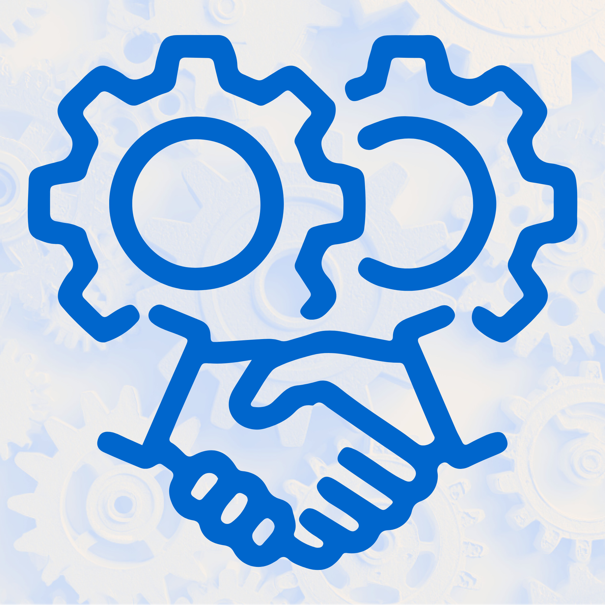 A blue line drawing of two gears and a handshake on a light background with gear patterns.