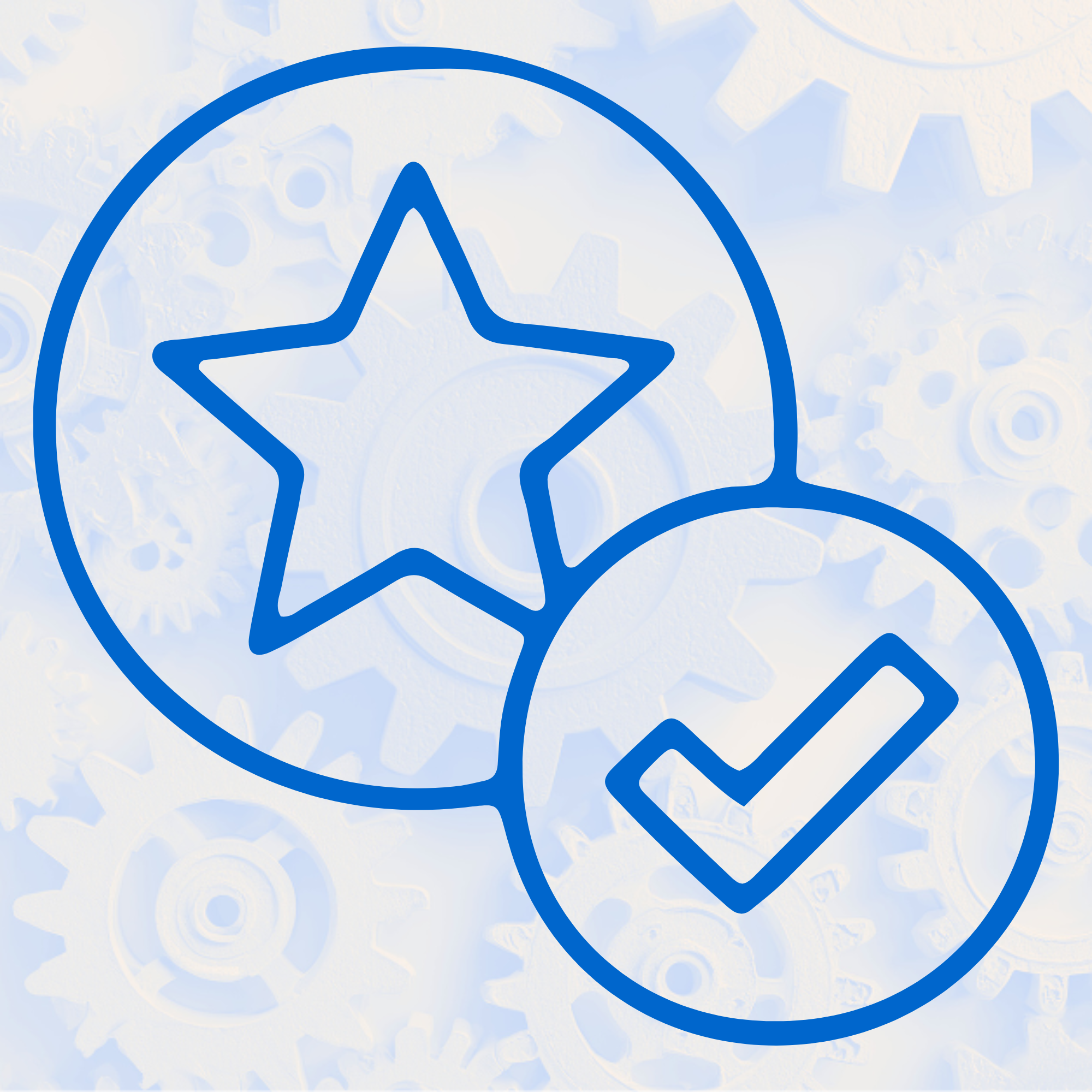 Line drawing of a star and a check mark inside circles on a background of mechanical gears.