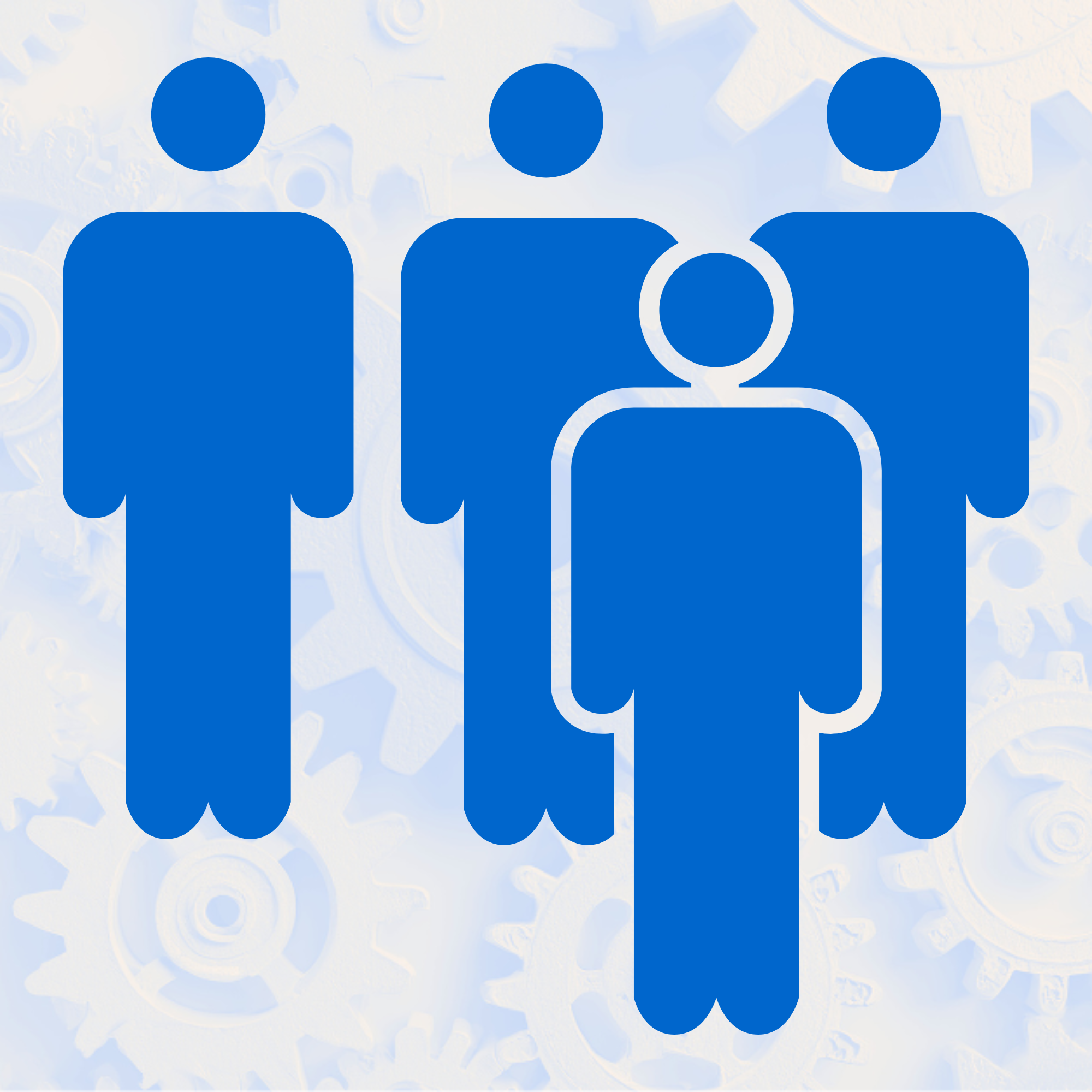 Icon of five blue human figures on a light background with gear patterns.