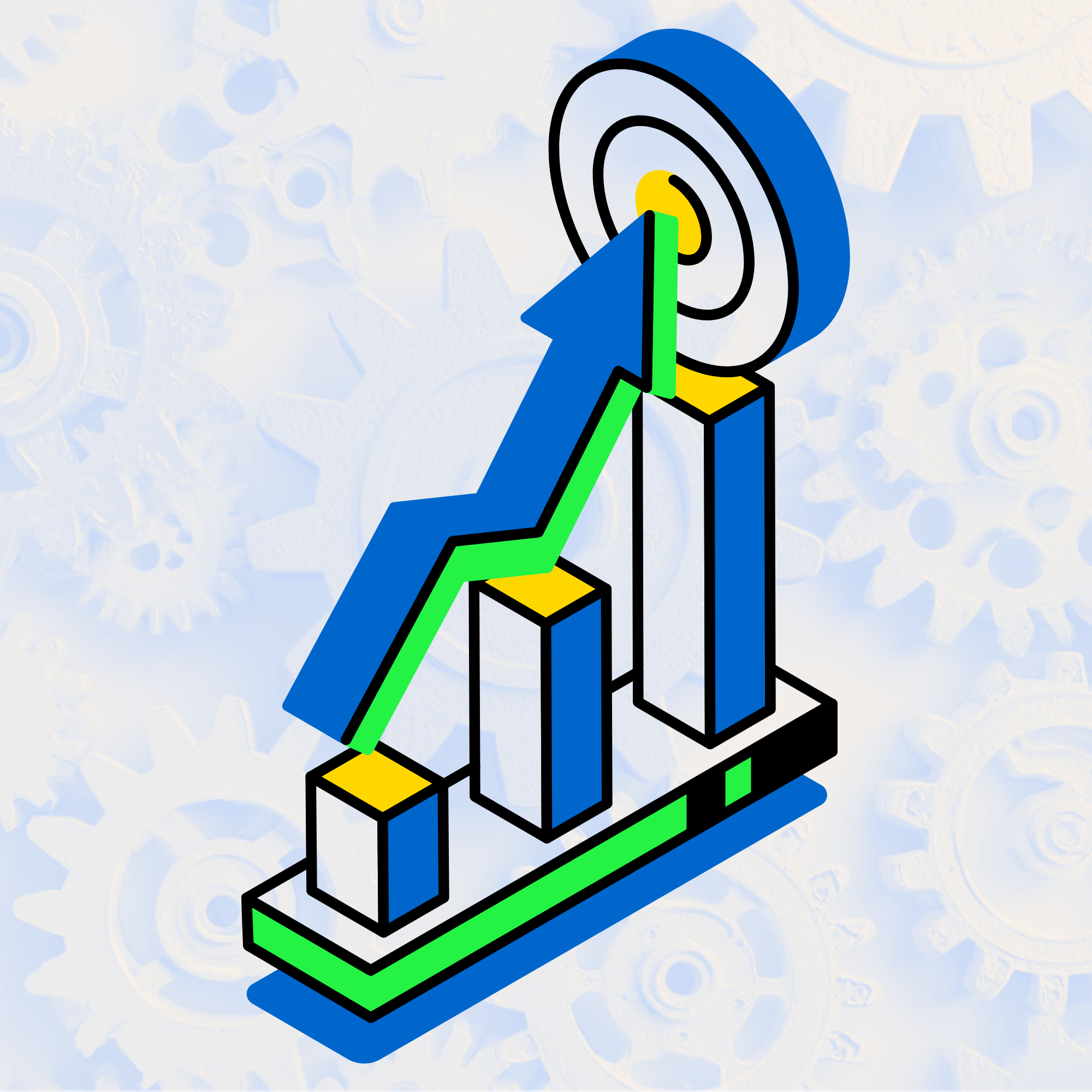 A colorful infographic showing a bar graph with four bars increasing in height, a green upward-trending arrow, and a blue upward arrow pointing to a target symbol. The background has a light pattern of gears.
