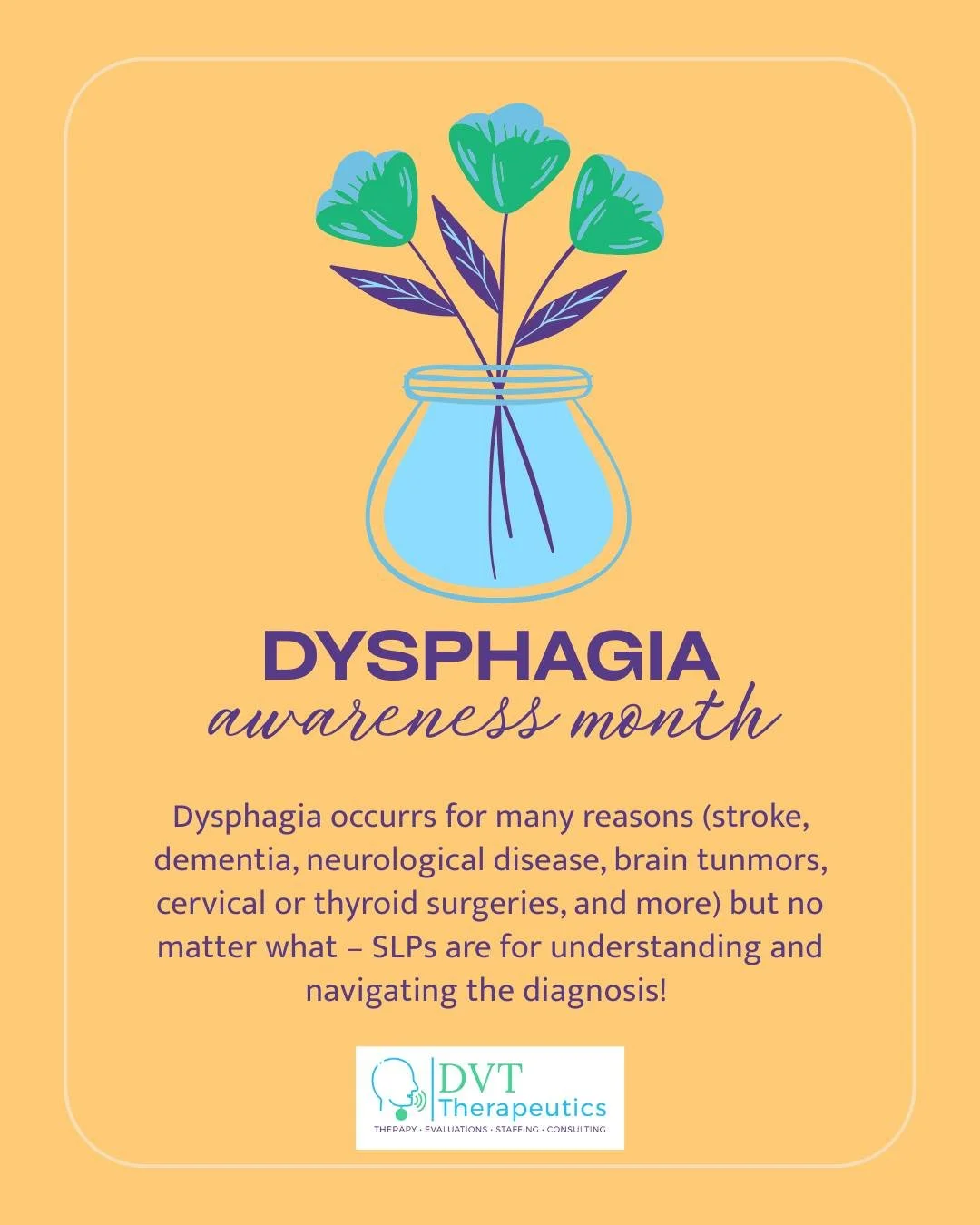 As the name says -- of course we're excited about dysphagia awareness month! 

Access to care and patient understanding of dysphagia is highly important to us here at DVT. Excited about the information and resources that will surround this month! 

#