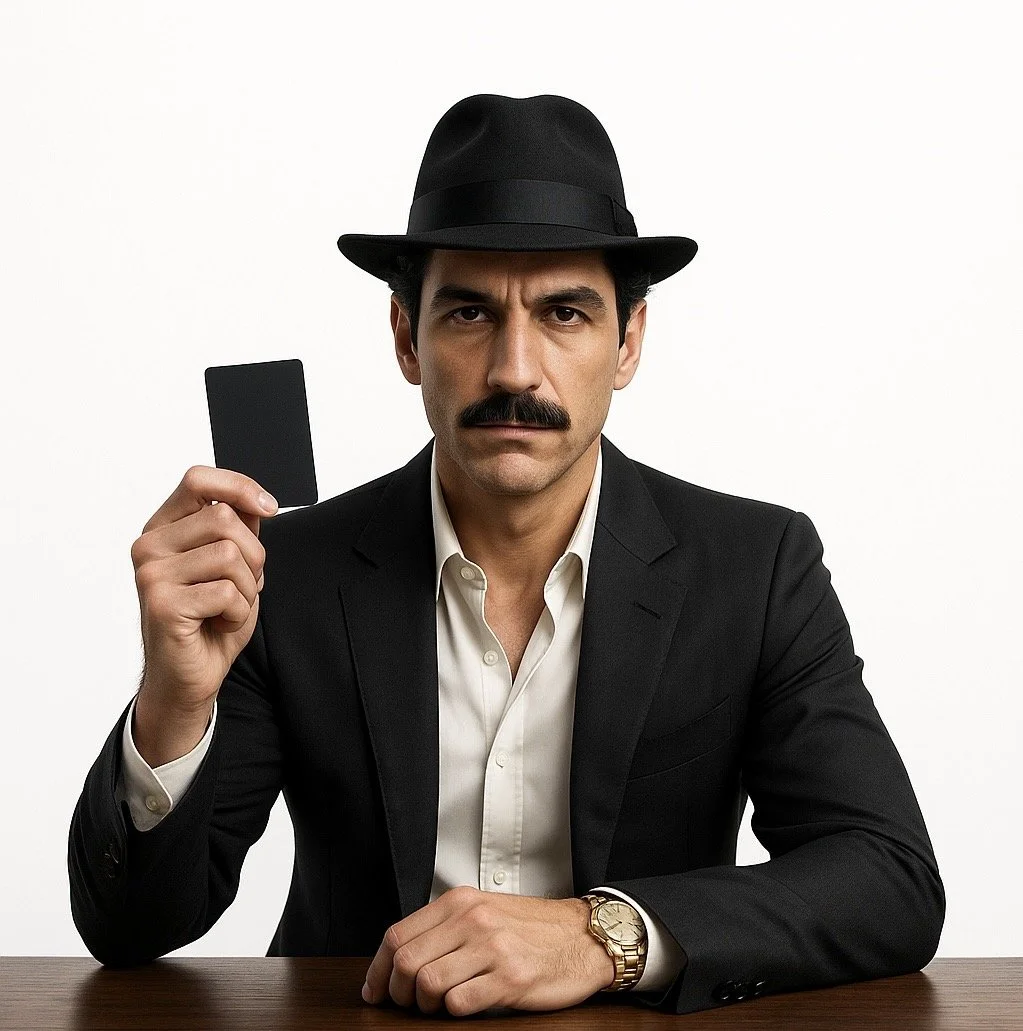 Homme en costume noire, portant une hat noire, tenant une carte noire dans sa main droite, assis à une table en bois, expression sérieuse, portant une montre dorée, fond blanc.