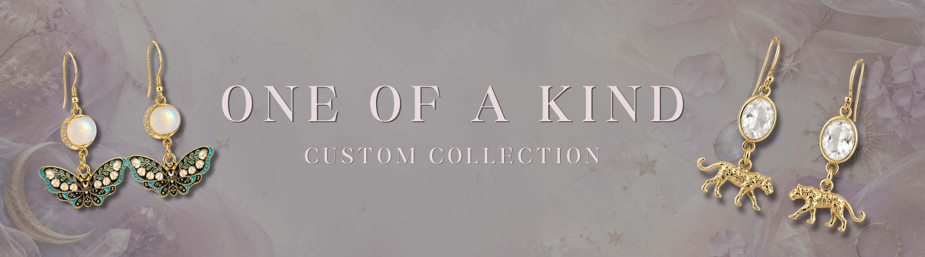 Close-up of three pairs of earrings with a pastel background and the text 'One of a Kind Custom Collection'