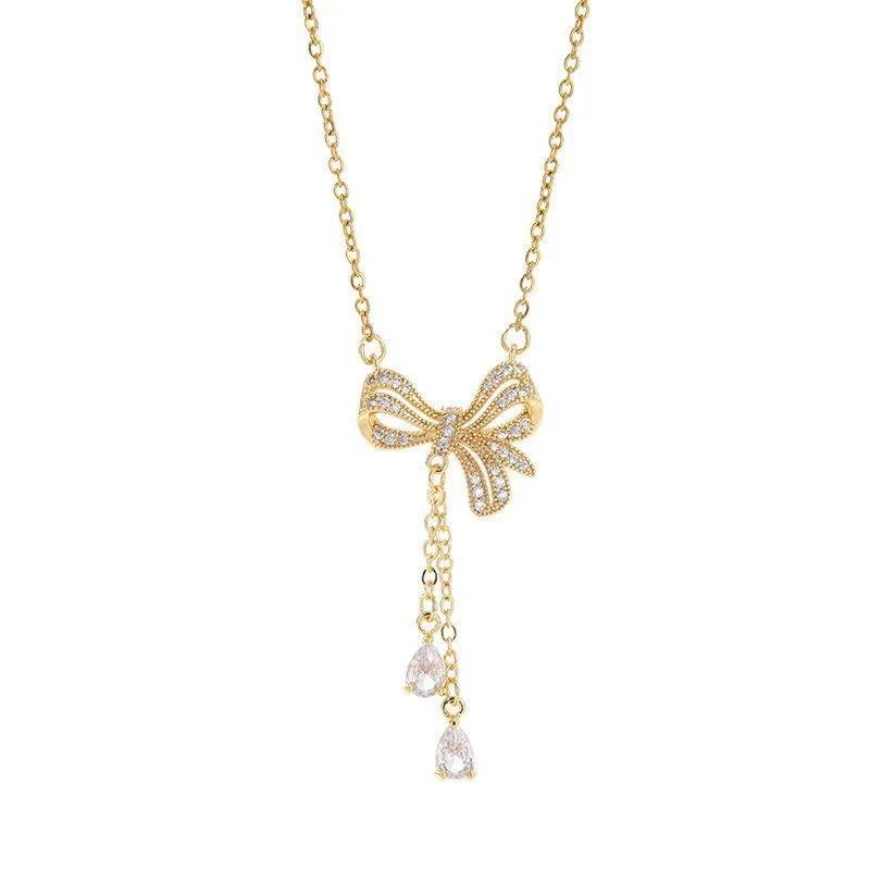 Golden Bow Drop Necklace