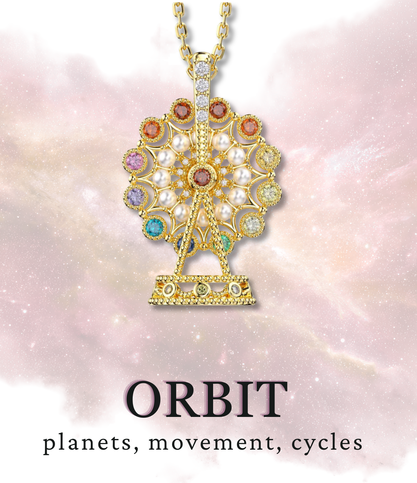 Gold necklace with a pendant shaped like a Ferris wheel decorated with colorful gemstones and pearls, set against a pink and purple galaxy background.