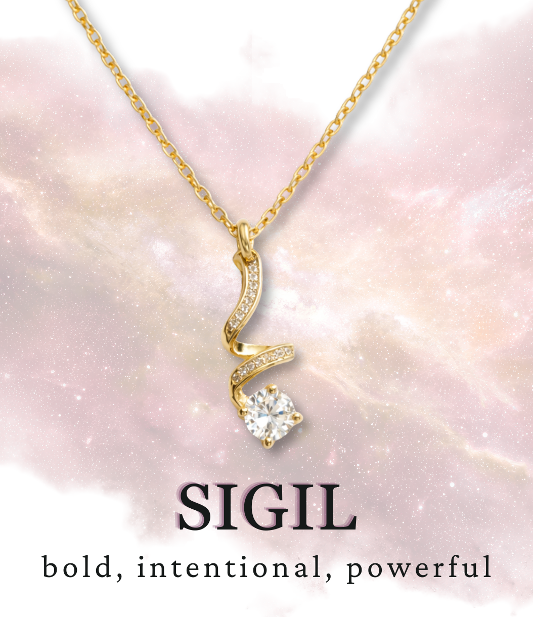 Gold necklace with a swirling pendant and a prominent diamond, set against a soft, starry pink background. The text 'SIGIL' and the words 'bold, intentional, powerful' are displayed below.