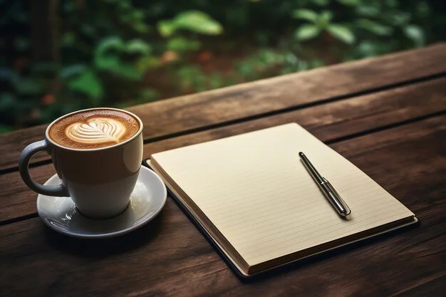 A cup of latte with latte art on a saucer, a blank note pad, and a pen on a wooden table outdoors with green foliage in the background.