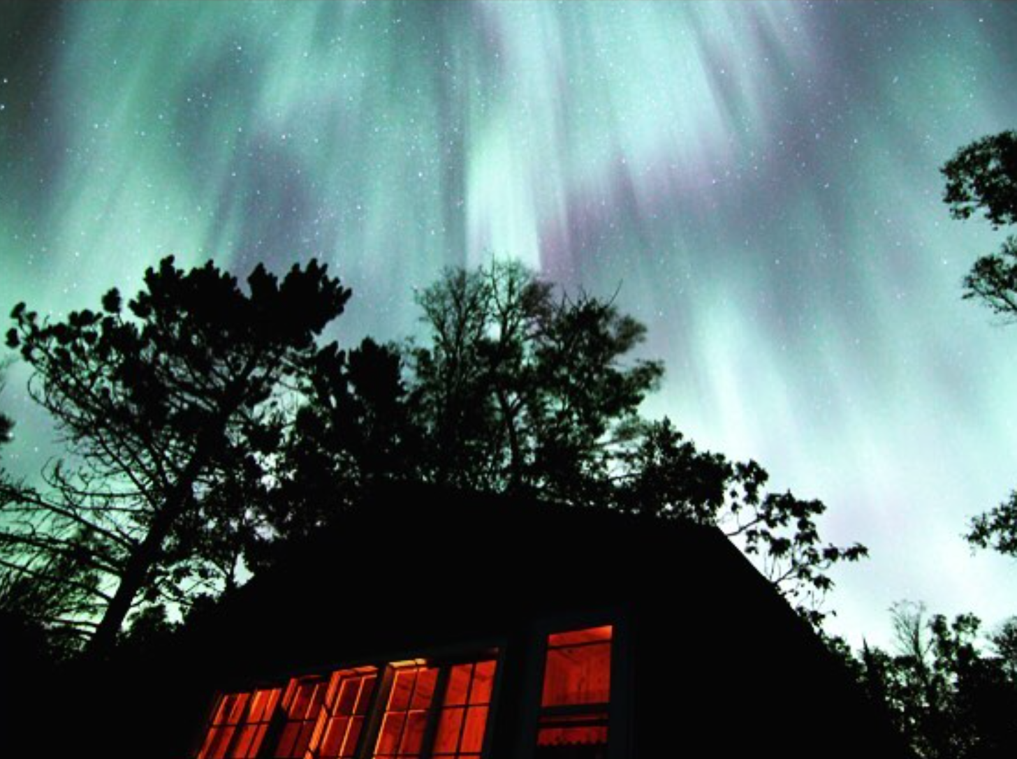 Northern lights visible in the night sky above a silhouette of trees and a house with lit windows.
