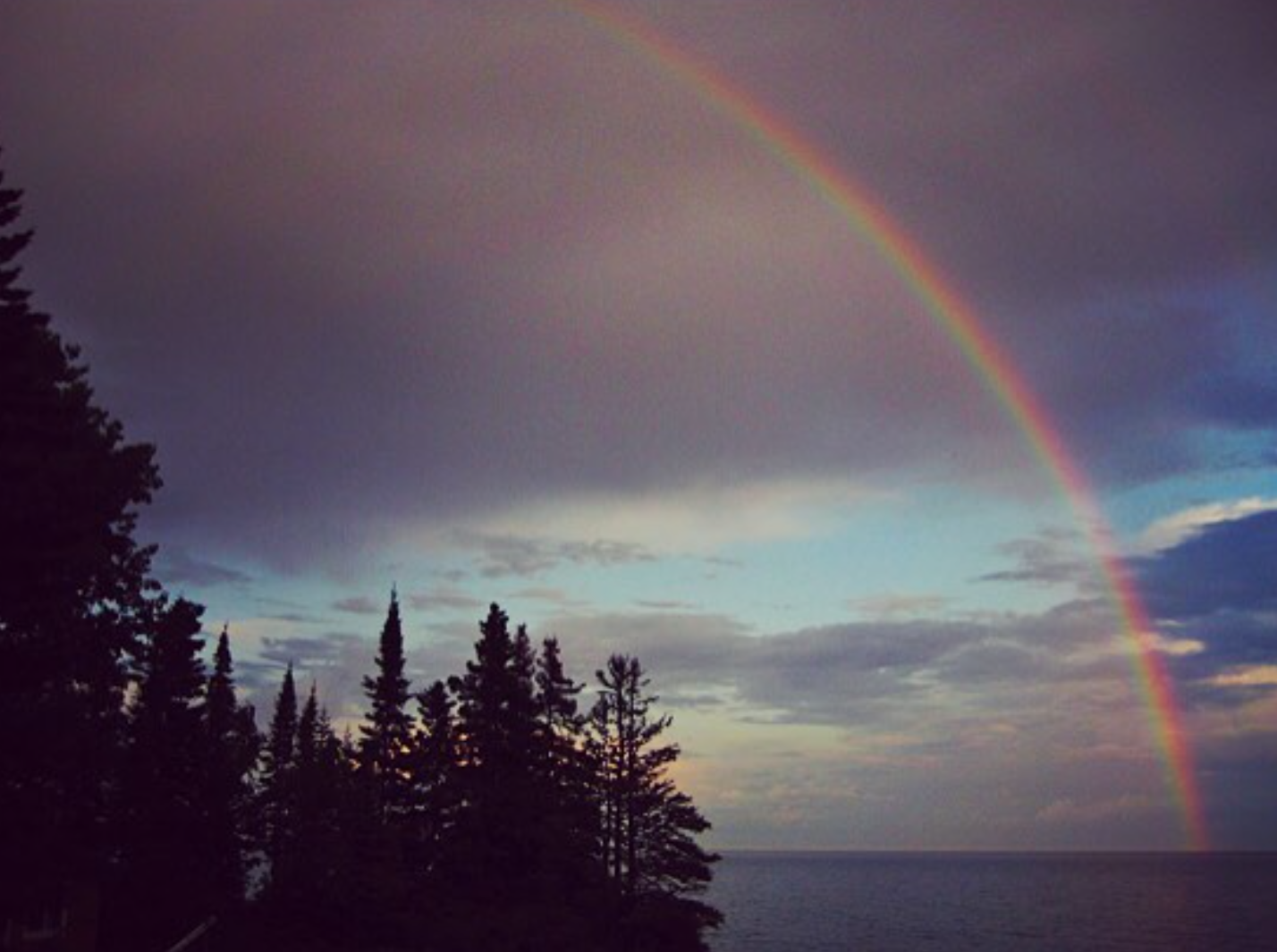 A rainbow arcs across a cloudy sky above a forested area near a body of water during twilight.