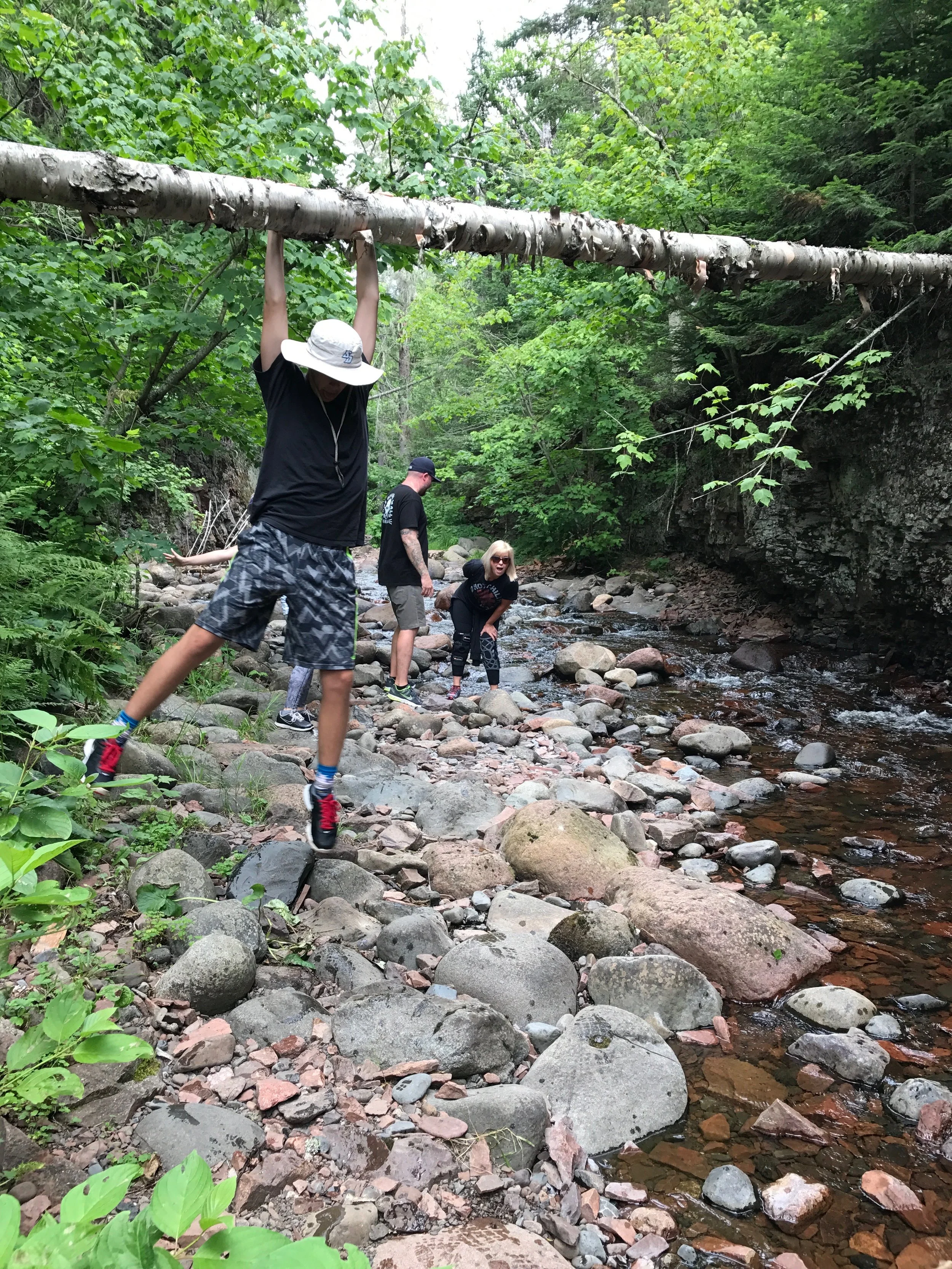 A group of four people exploring a rocky creek in a forested area, with one person hanging from a horizontal fallen tree branch.