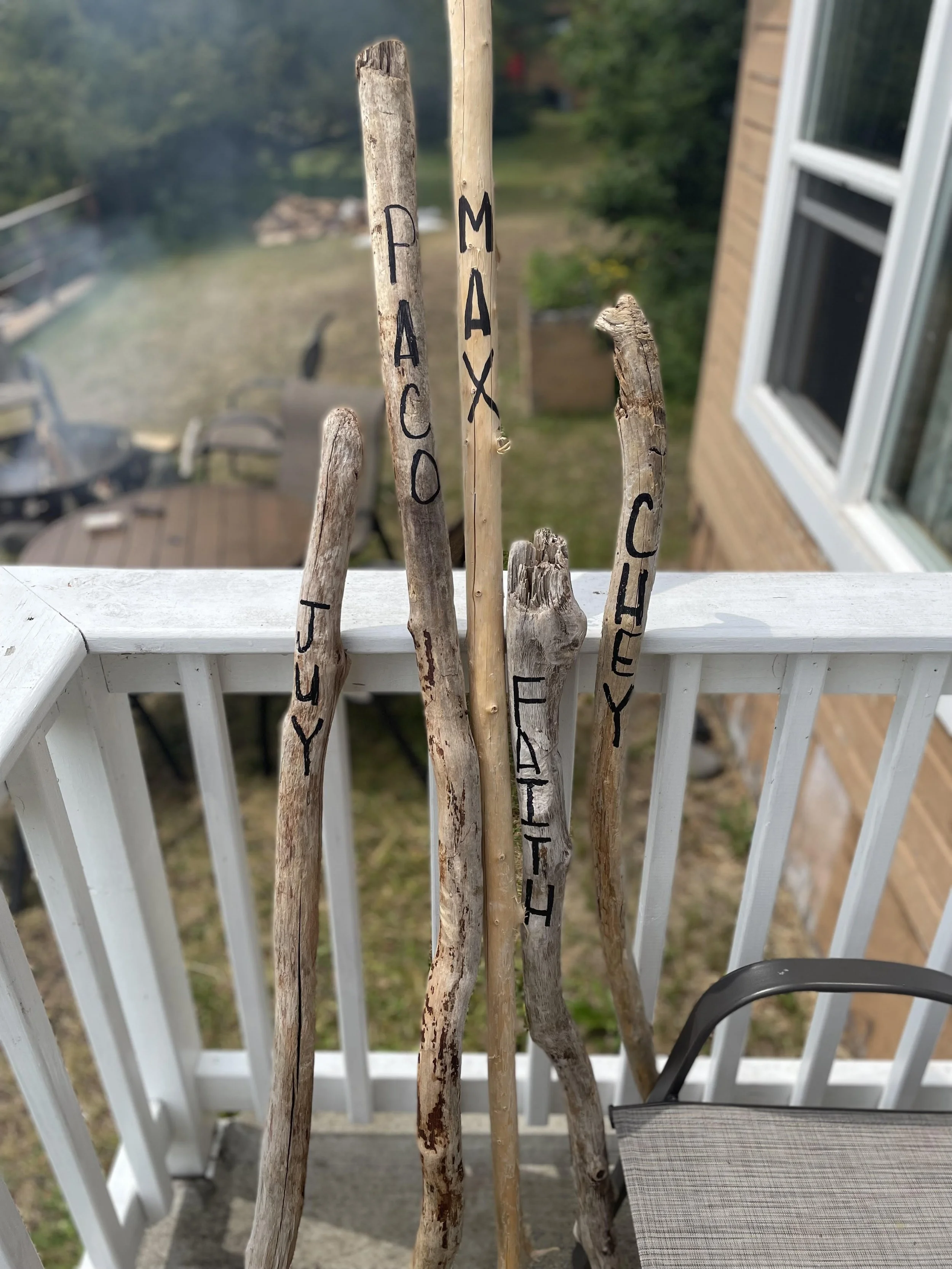 Five wooden walking sticks leaned against a white railing, each with names written on them: Paco, Max, Joey, Faith, and Cheyenne, with a backyard and house visible in the background.