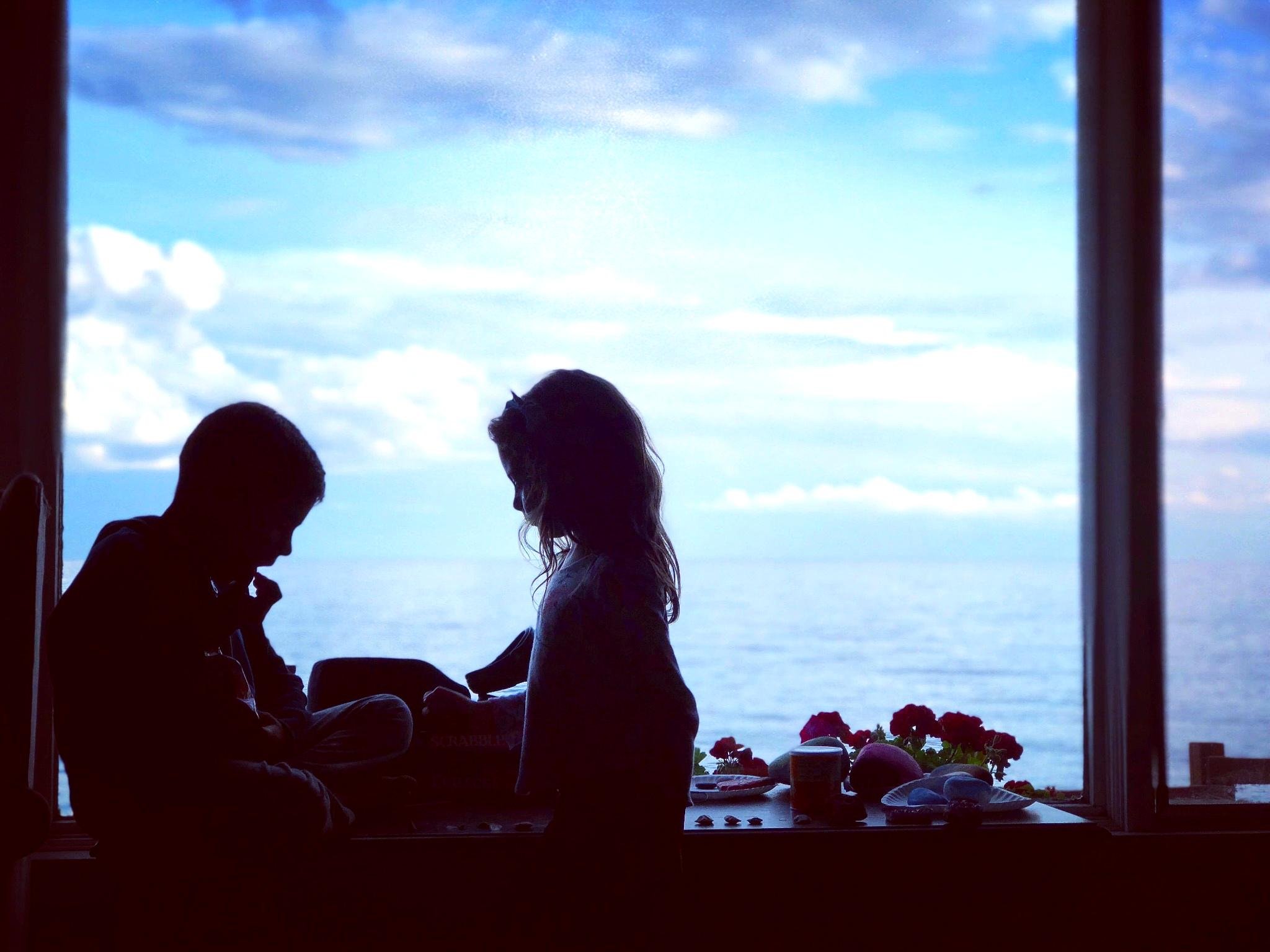 Silhouettes of a boy and a girl sitting together near a window overlooking a cloudy sky and the ocean, with flowers and items on the window sill.