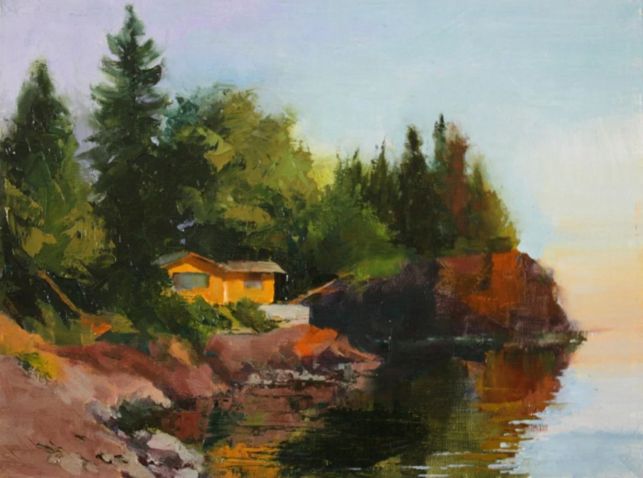 A landscape painting of a lakeside scene with trees and a house, reflecting on the water at sunset.