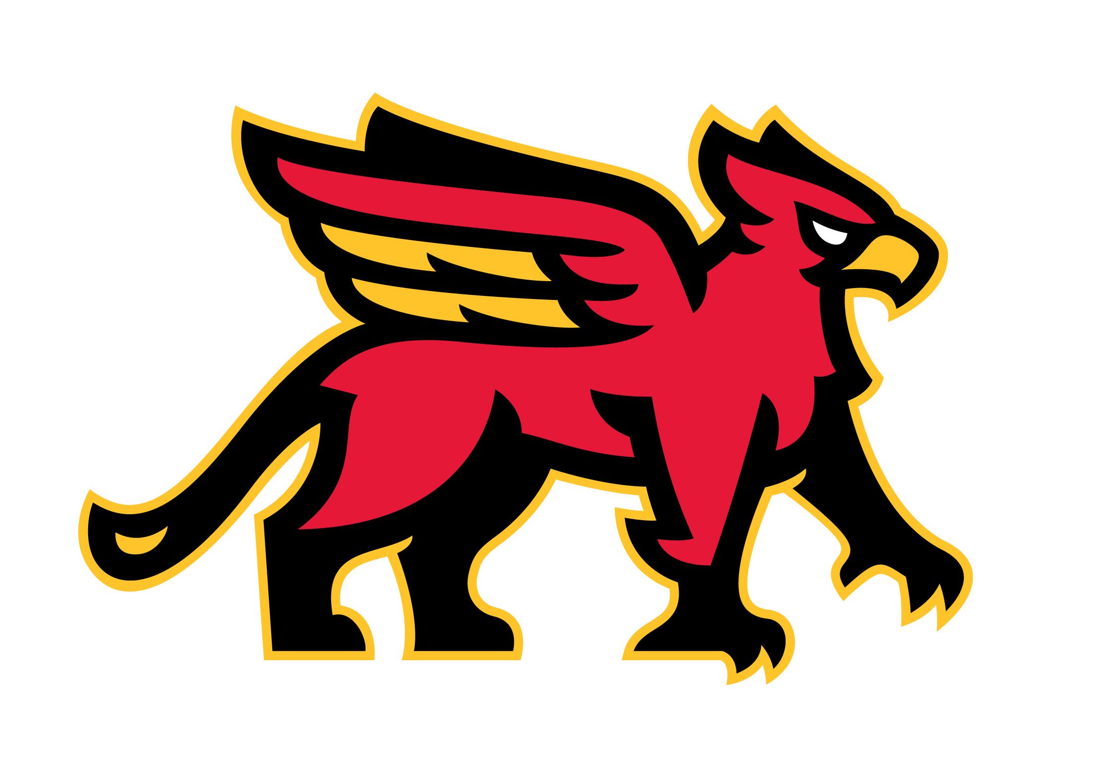 A stylized red and yellow mythological creature with the body of a lion and the wings of an eagle, depicted with bold outlines against a black background.