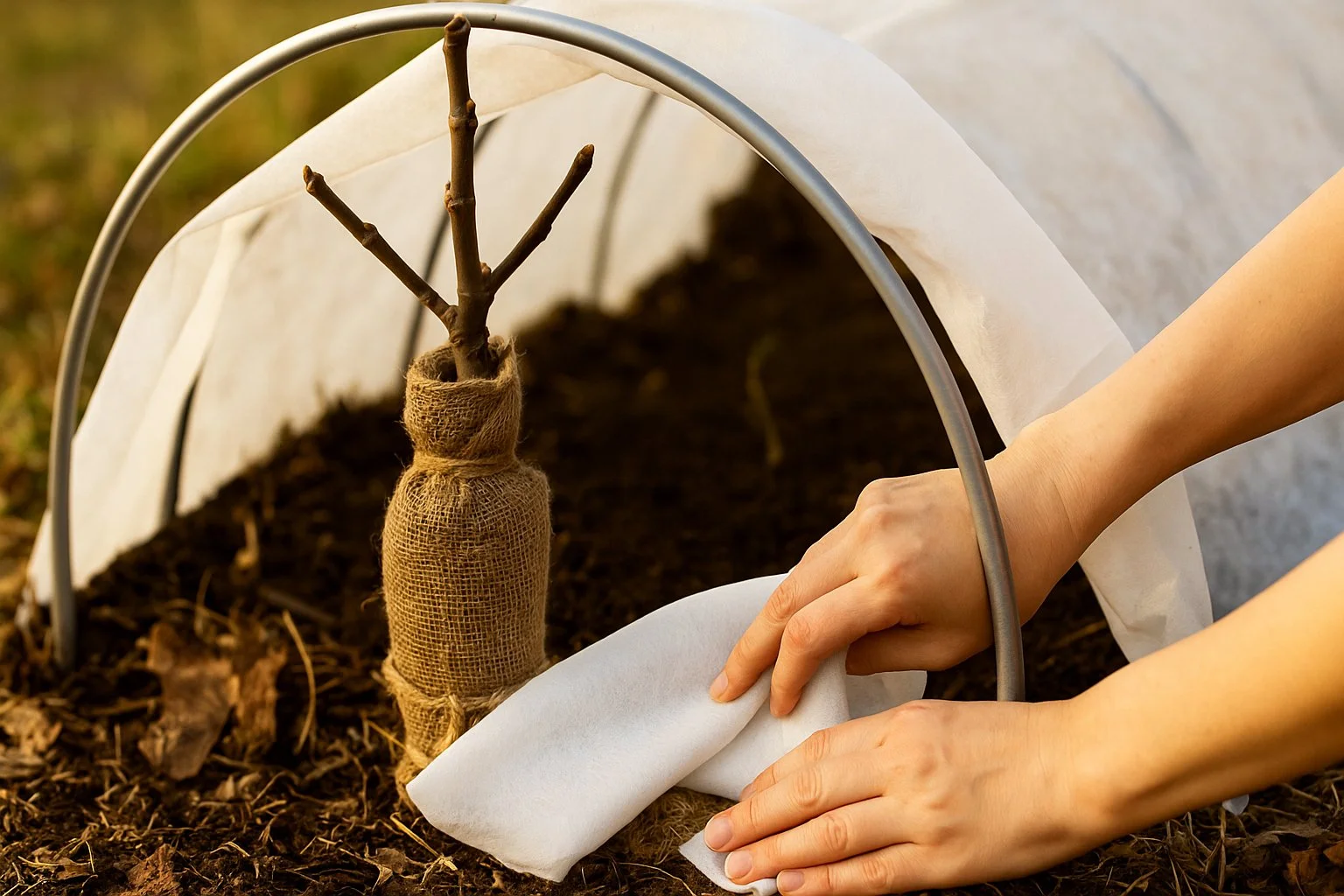 Hands installing winter protection around a dormant in-ground fig tree, demonstrating Zone 7b dieback prevention techniques with insulation and low-tunnel methods.