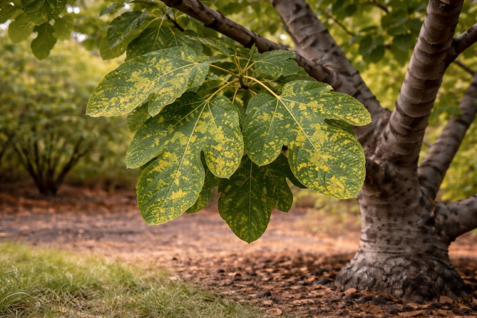 Fig tree leaves showing irregular light and dark green mosaic patterns typical of fig mosaic virus in a backyard orchard.