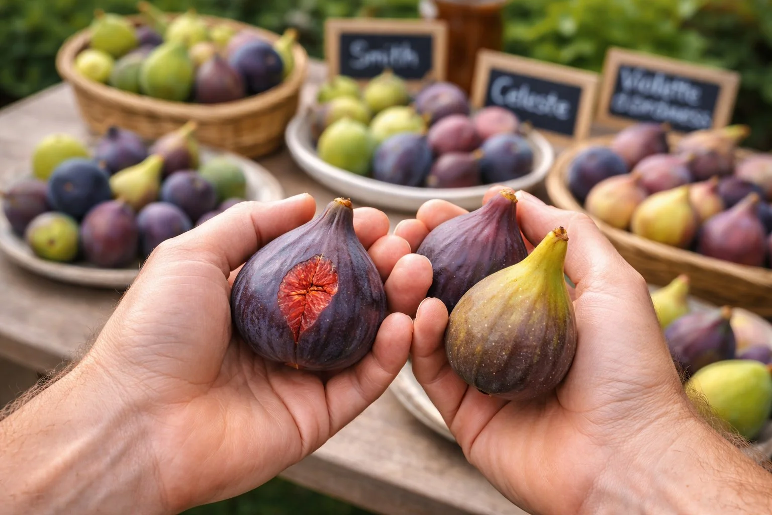 Person holding two fresh figs with purple and green skin, at an outdoor market with baskets of figs and leafy plants in the background.