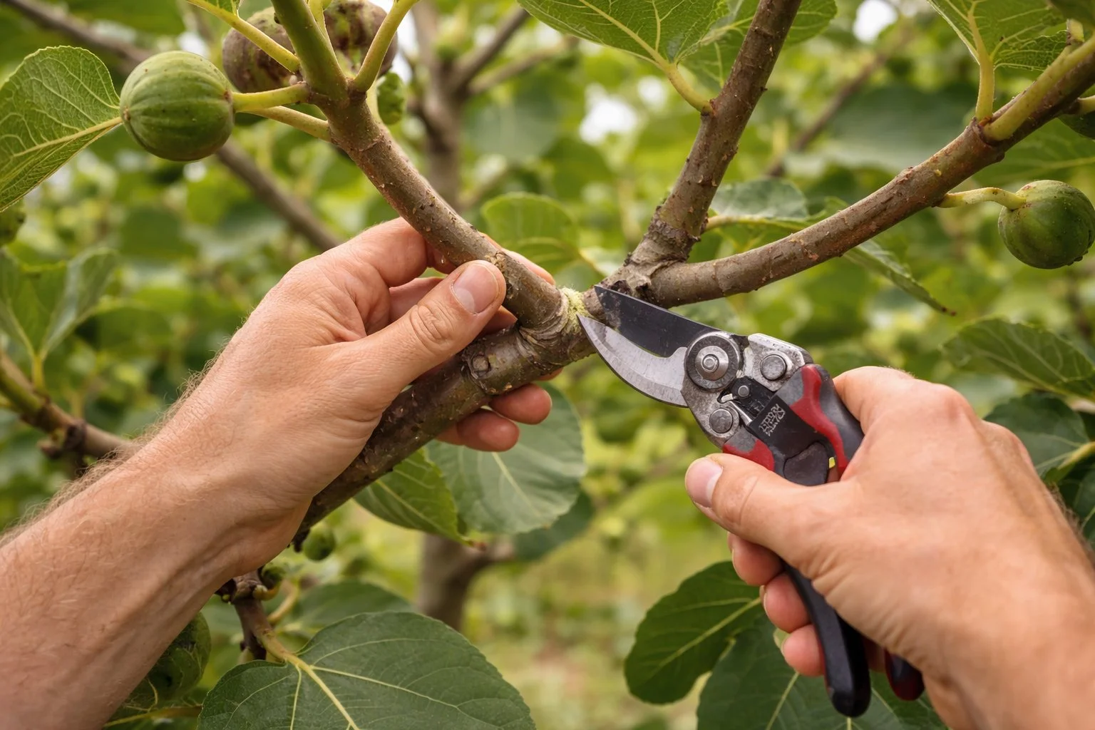 Hands pruning a tree with pruning shears, with green leaves and unripe figs or similar fruit.