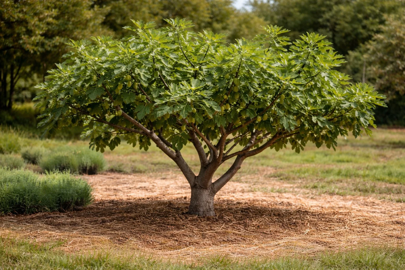 Height-controlled fig tree pruned to remain compact and easy to harvest