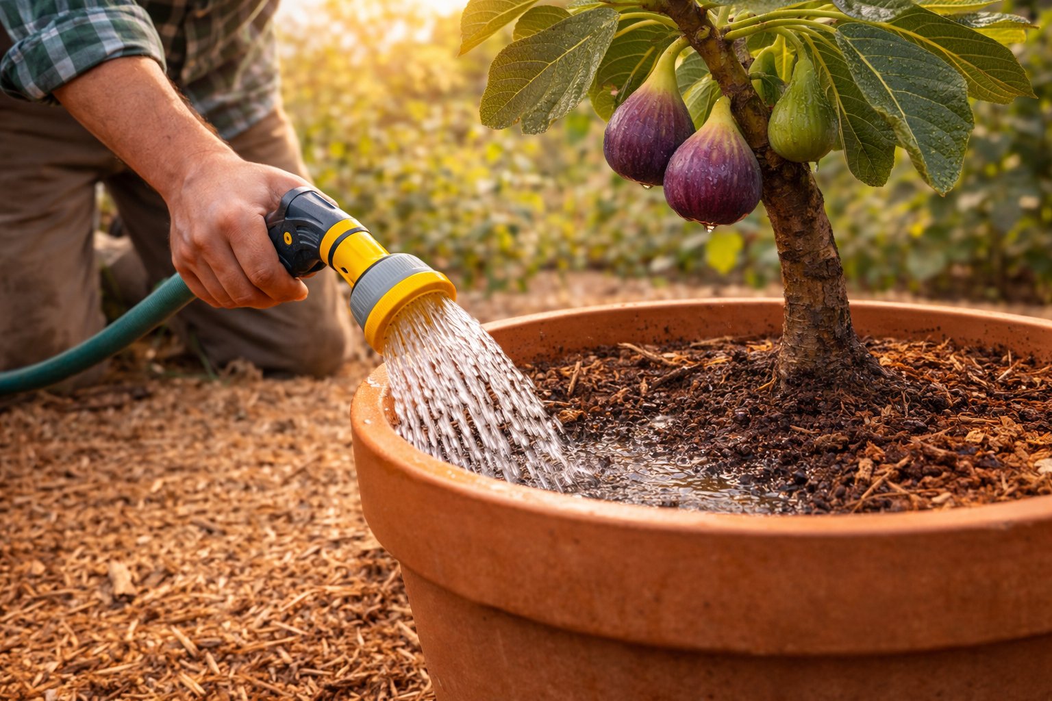 Container-grown fig tree being watered at the soil surface during hot summer conditions.