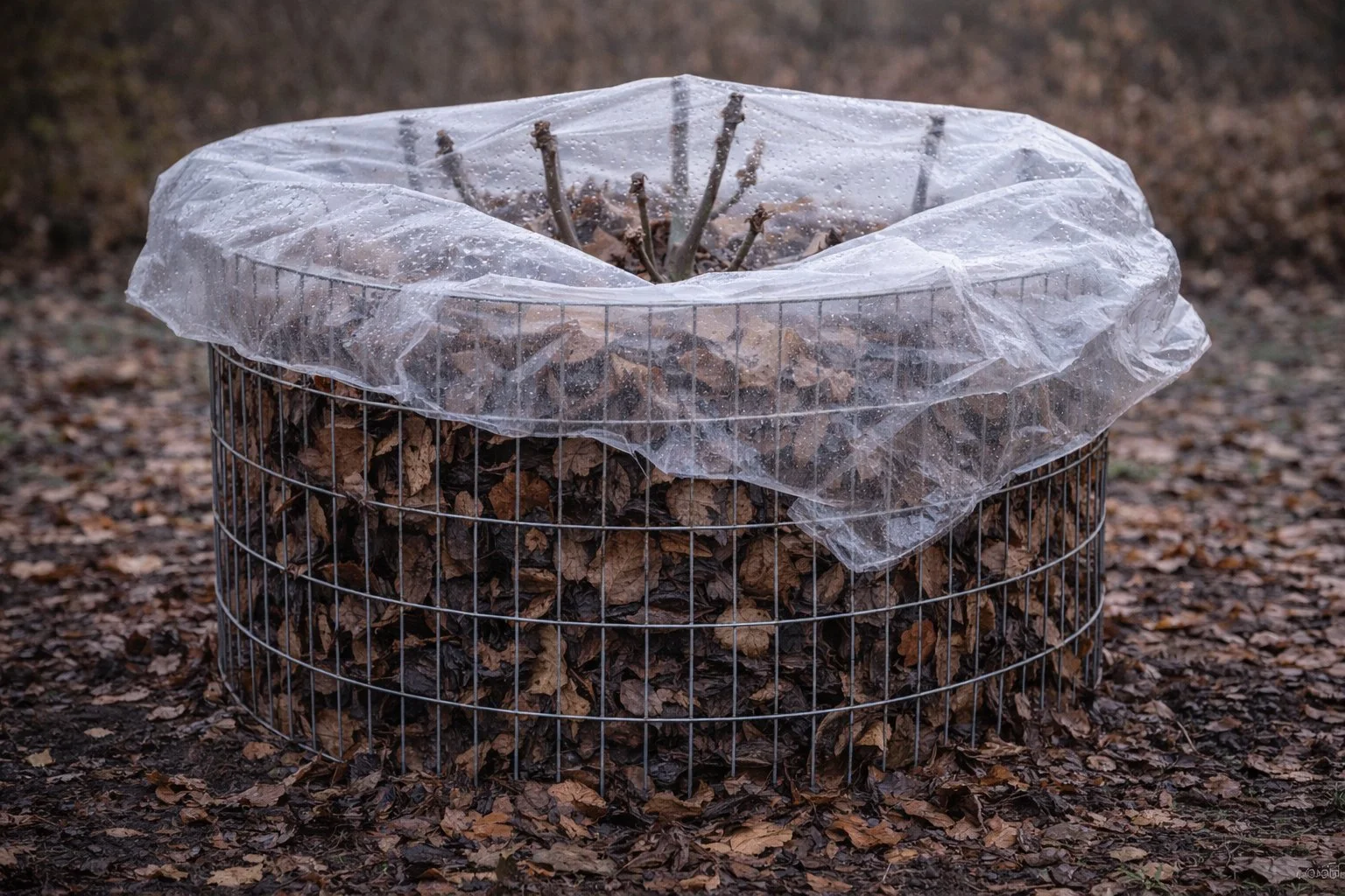 Moist winter insulation removed from fig tree showing mold risk