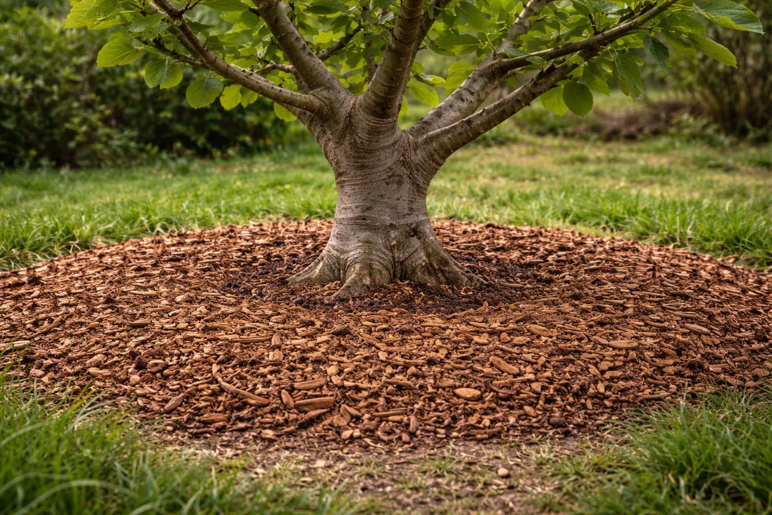 Organic mulch applied around fig tree to support soil nutrition