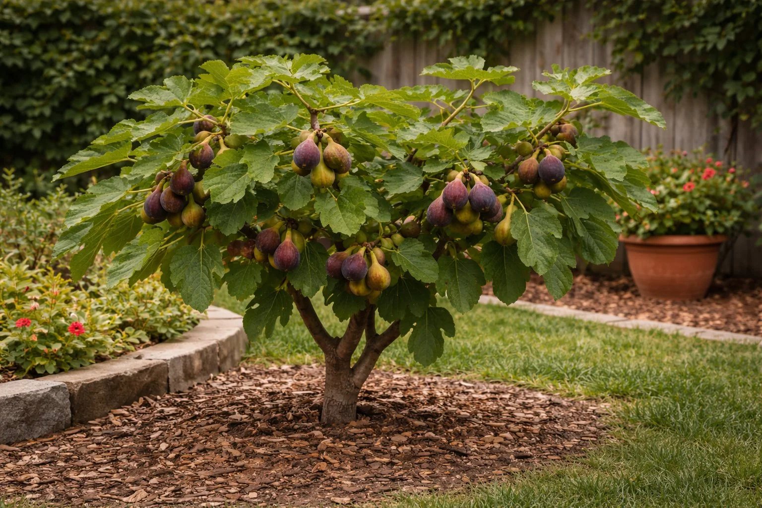 Compact fig tree growing in a small backyard