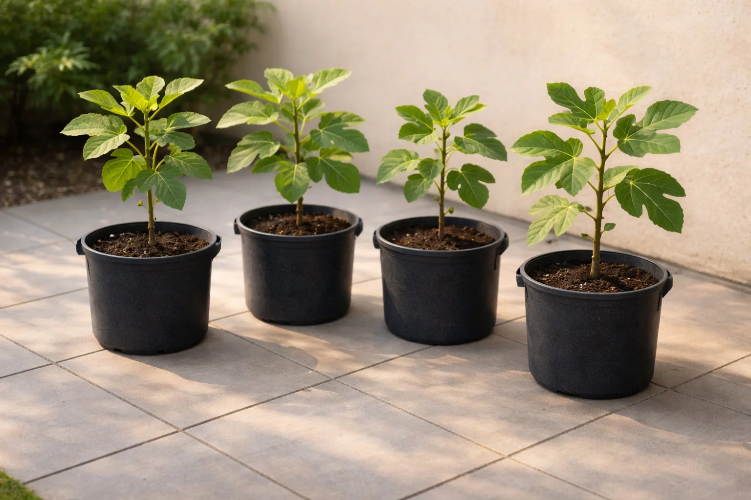 Young fig trees growing in uniform black containers on a patio