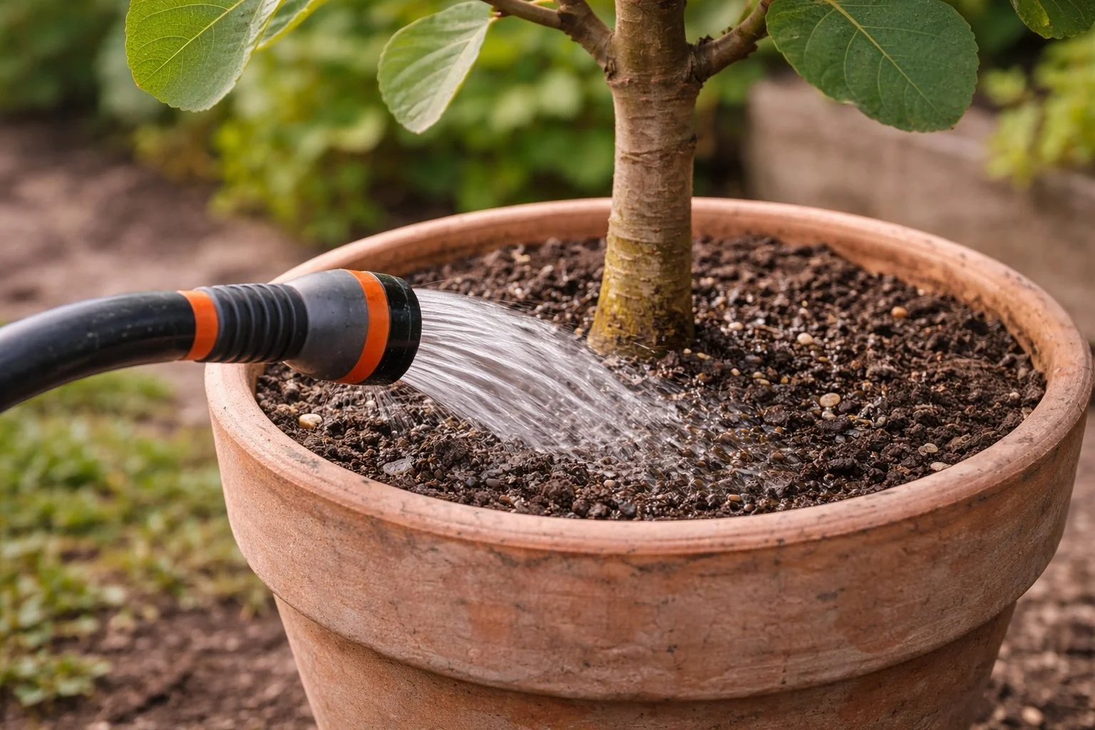 A close-up of a garden scene with a terracotta pot containing a young tree being watered with a garden hose.
