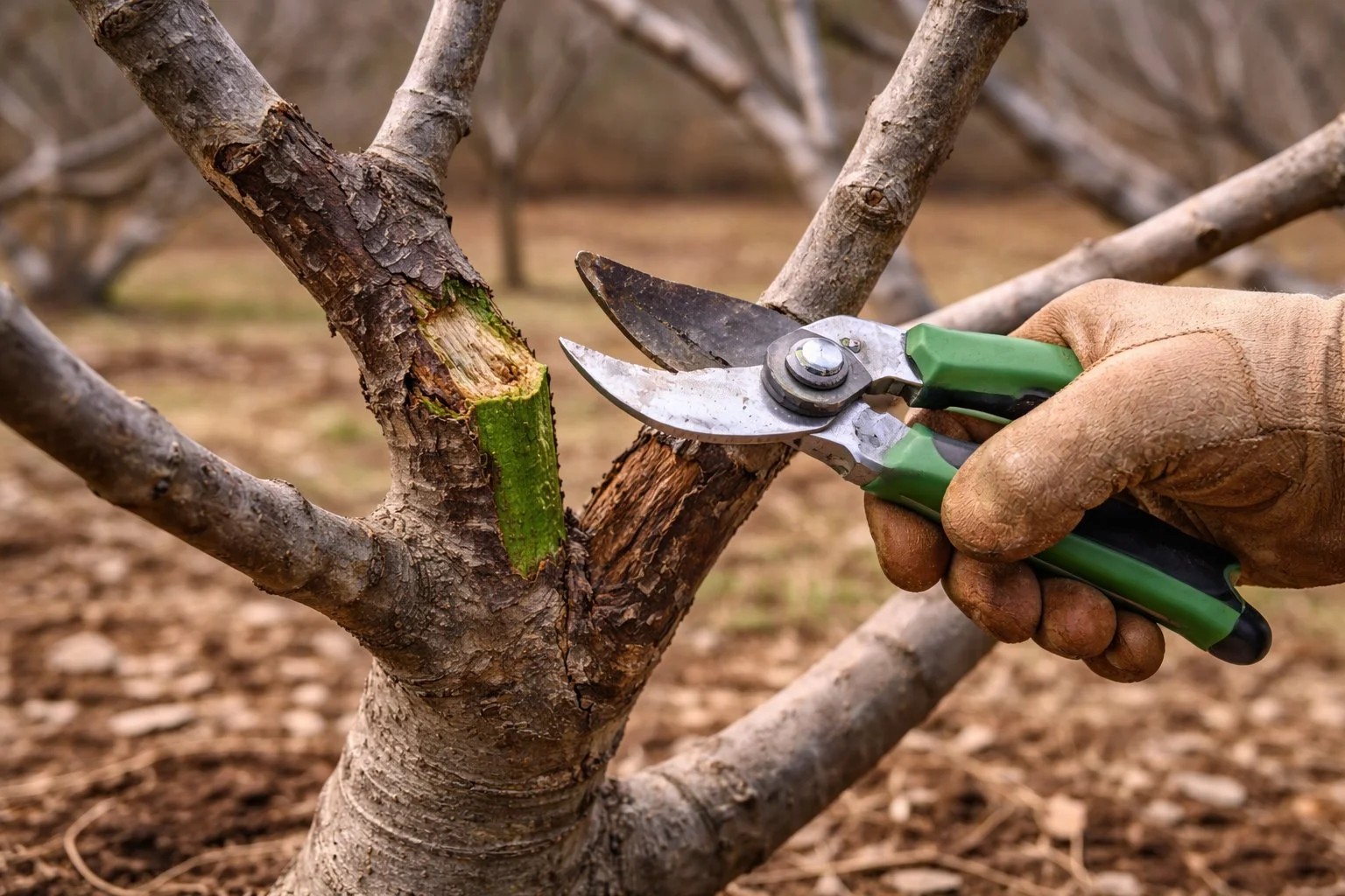 Pruning winter-damaged fig branches back to healthy living wood
