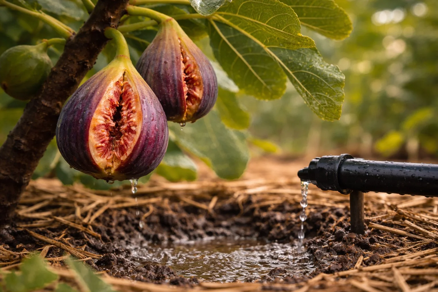 Fig tree with ripening figs above a drip irrigation line delivering water to mulched soil at the base of the tree.
