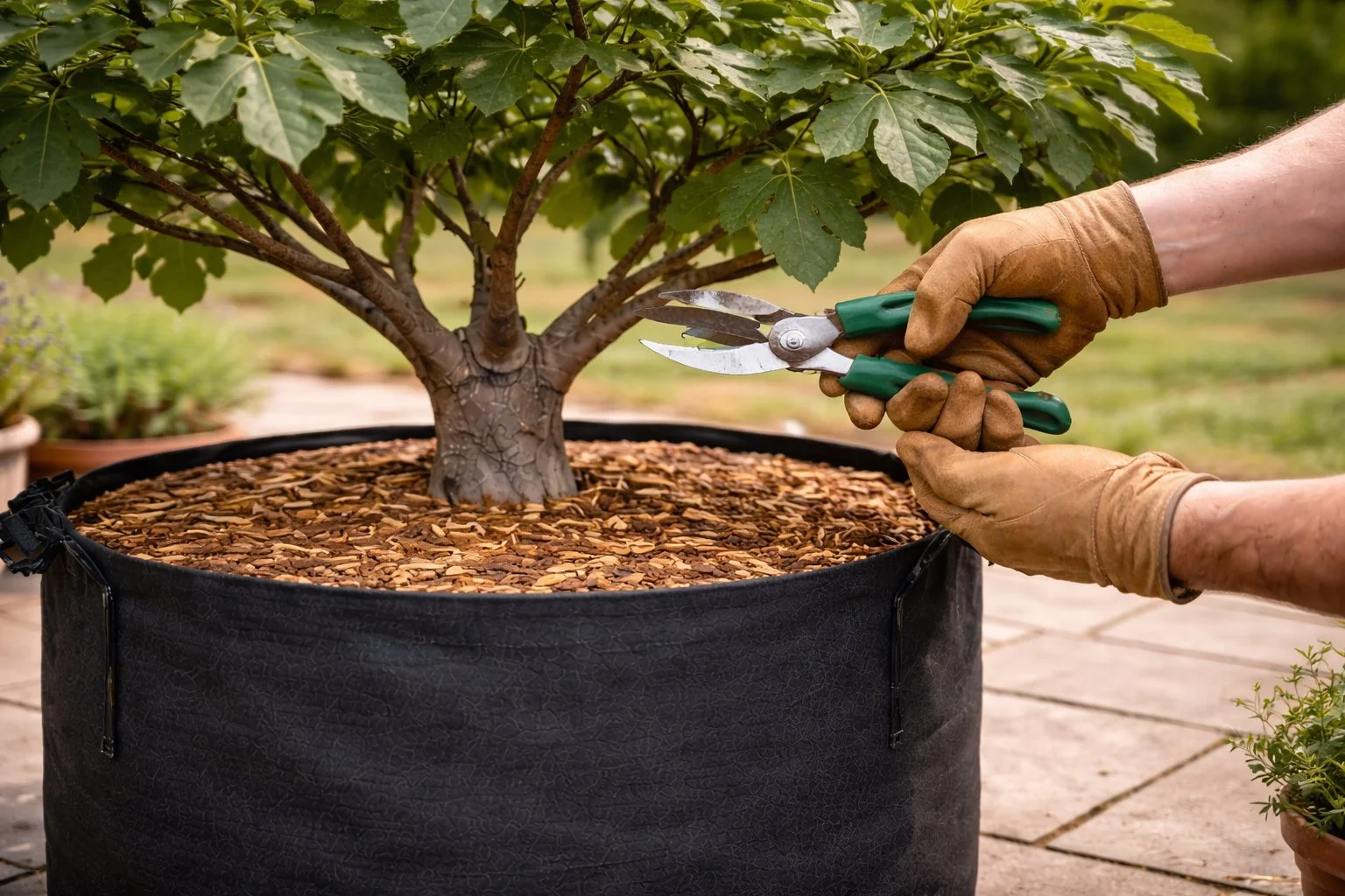 Pruning a container-grown fig tree to maintain balance and productivity