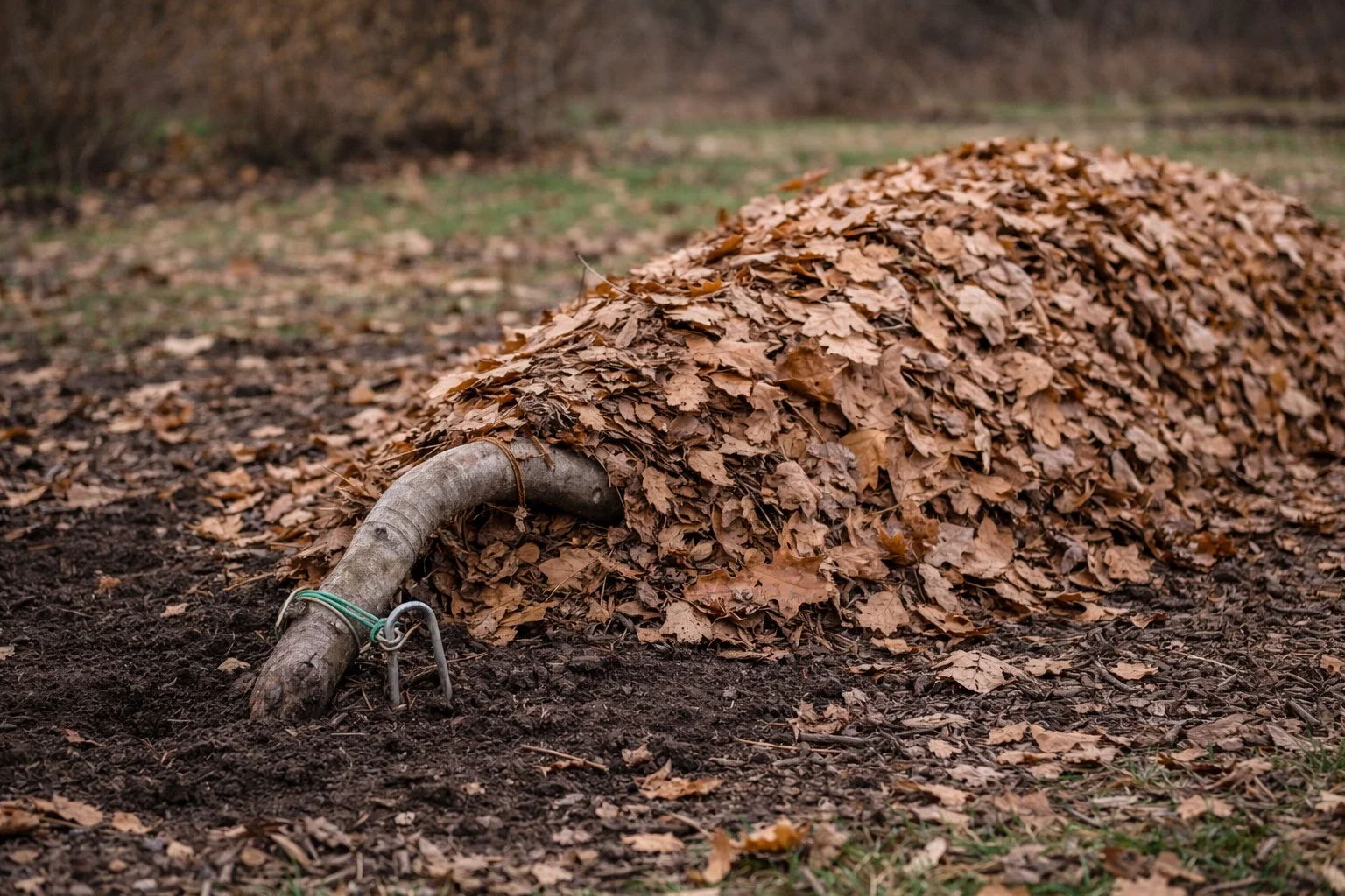 Fig tree branches bent and secured to the ground for winter burial