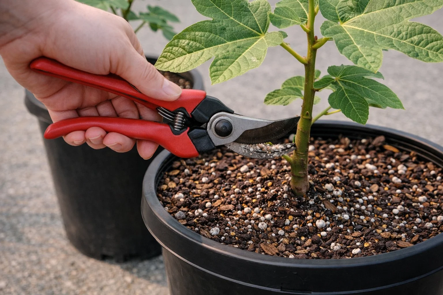 Pruning a container-grown fig tree to control size and maintain healthy structure using clean, targeted cuts
