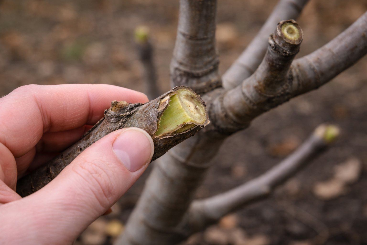 Scratch test being performed on a fig tree branch in early spring