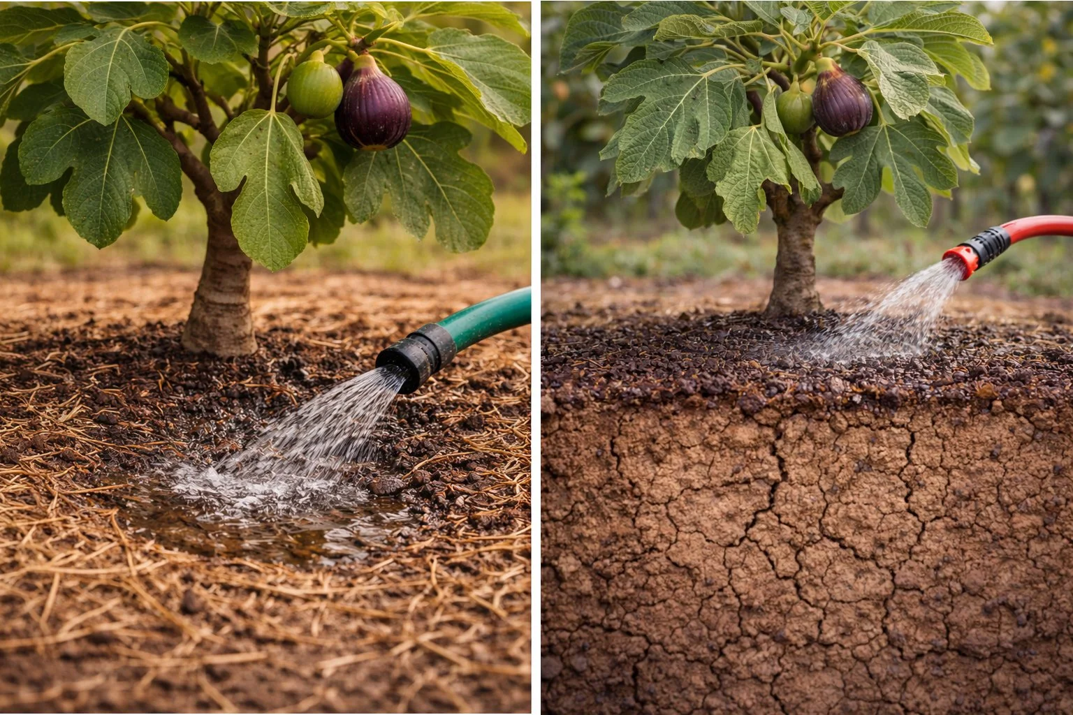 Fig tree receiving deep irrigation compared to shallow surface watering