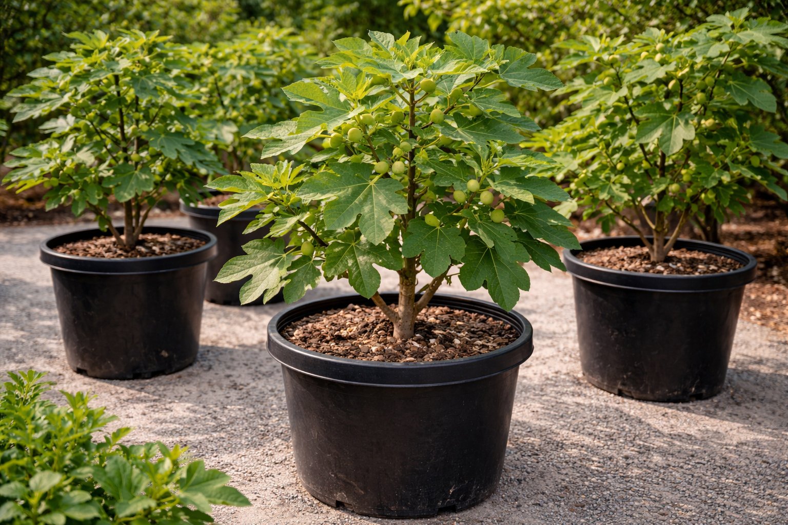 Several potted fig trees with green leaves and small unripe figs growing in black plastic containers outdoors.