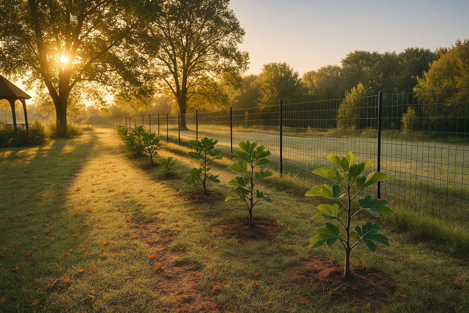 Early morning sunlight over young fig trees in a fenced orchard in Giles County, Tennessee.