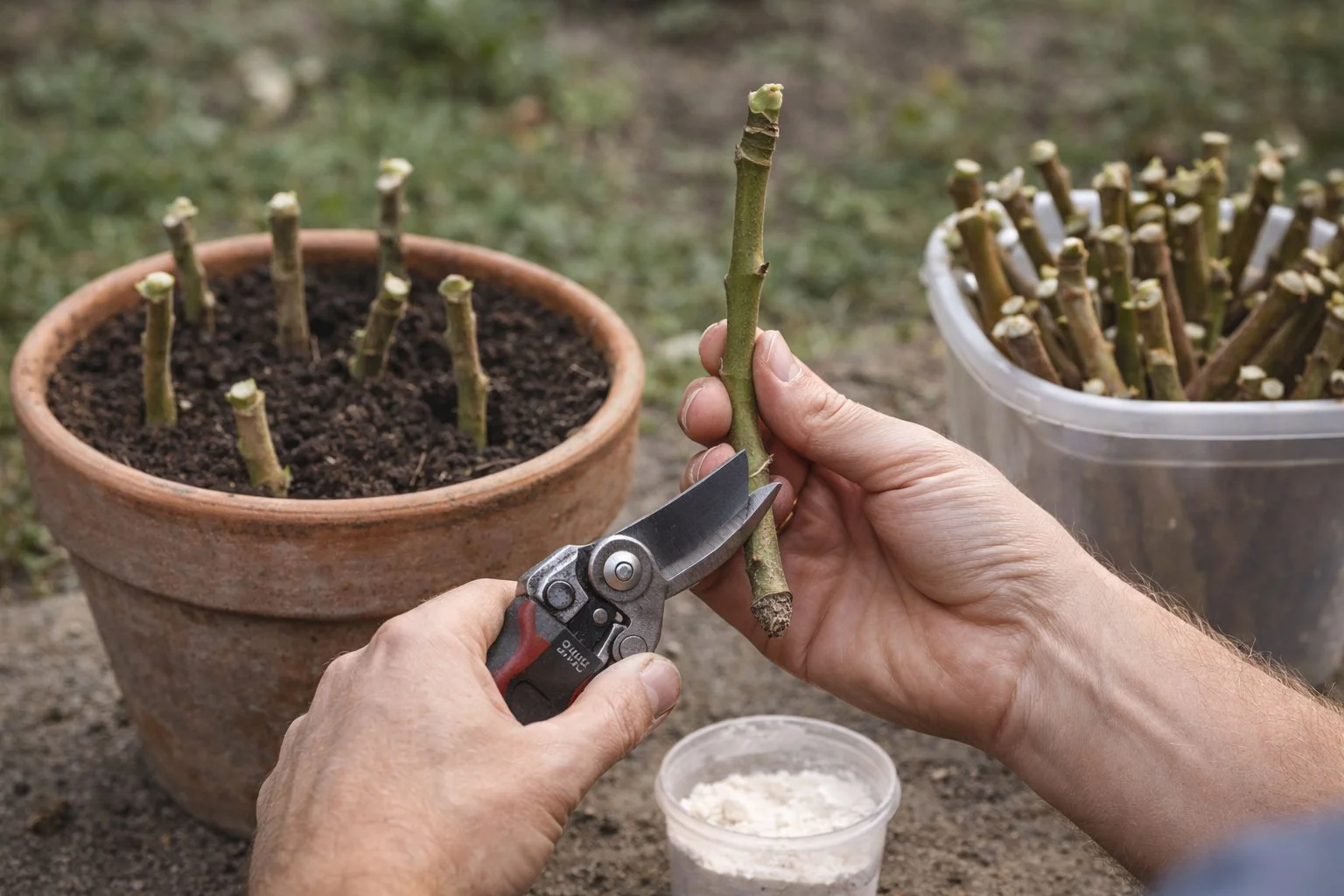 Propagating fig trees from cuttings, showing fresh fig cuttings being trimmed and prepared for rooting in containers