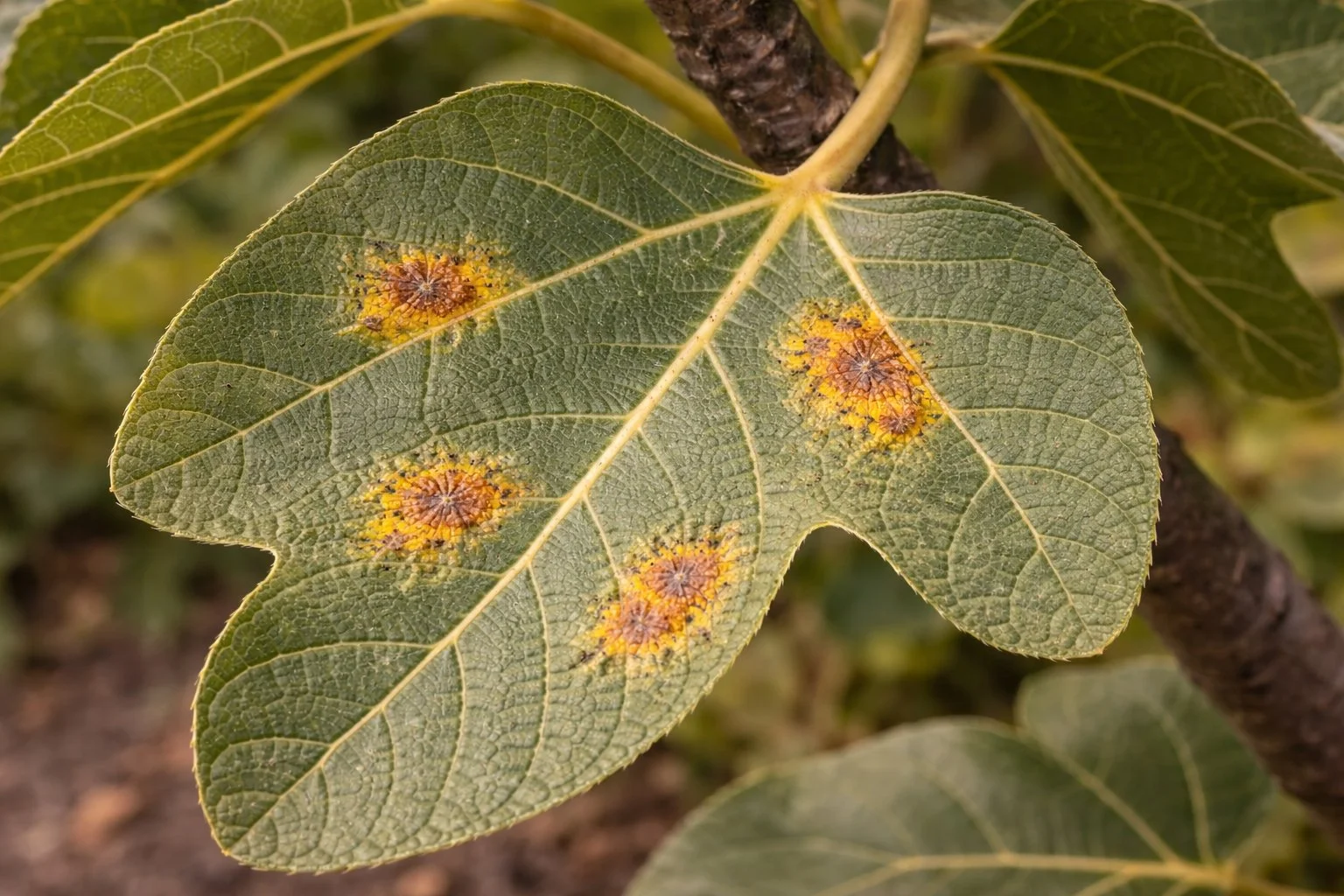 Close-up of a green leaf with yellow and brown spots, possibly caused by a disease or pest.