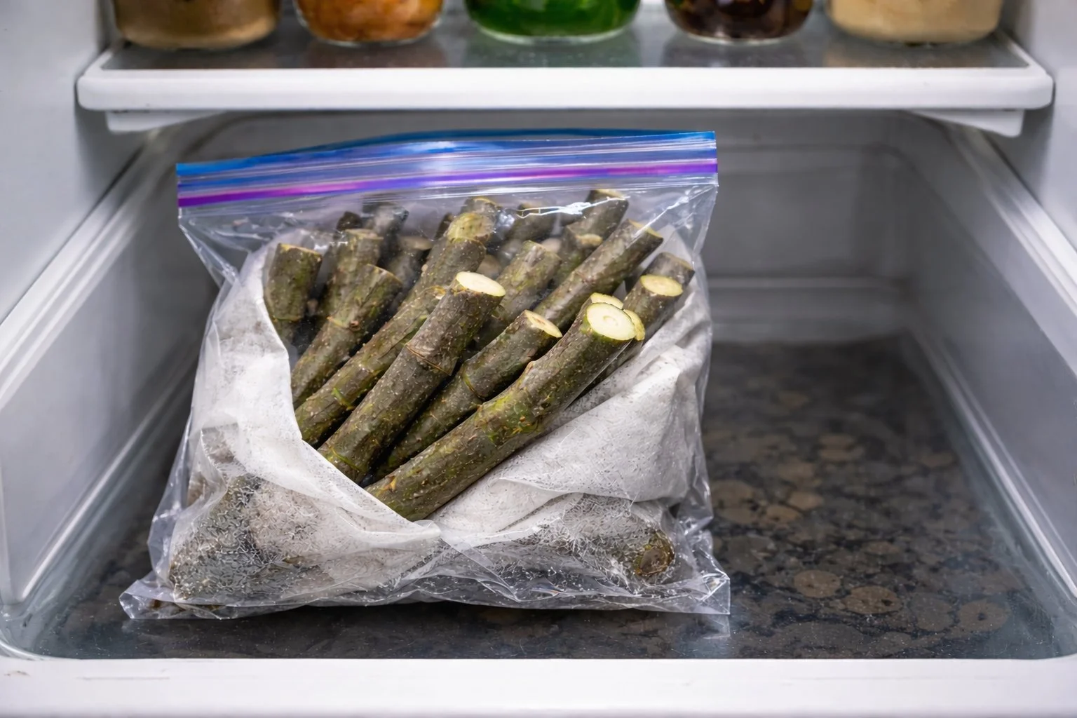 Fig cuttings wrapped in damp paper towels inside a sealed plastic bag stored in a refrigerator for winter cold storage.