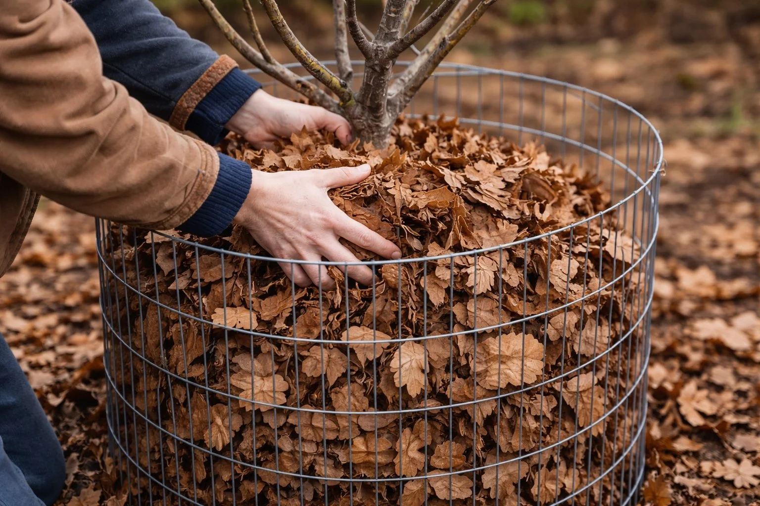 Dry leaves being added to a wire cage for fig tree winter protection