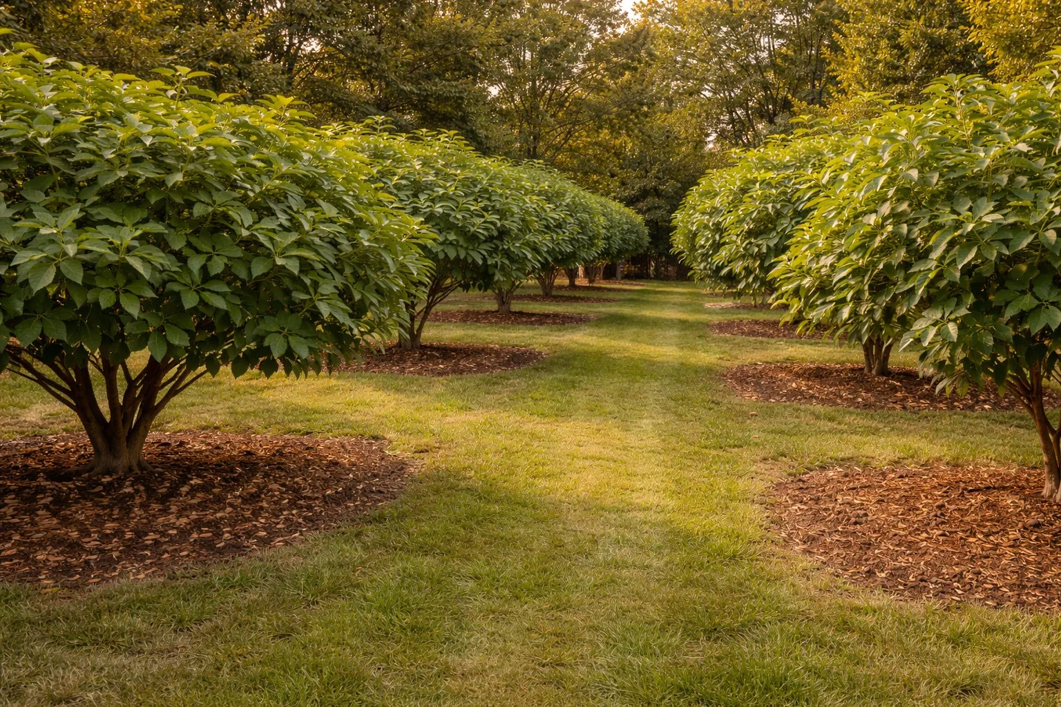 Fig orchard with wide grass access paths between mature fig trees, showing clear space for routine maintenance and harvesting.