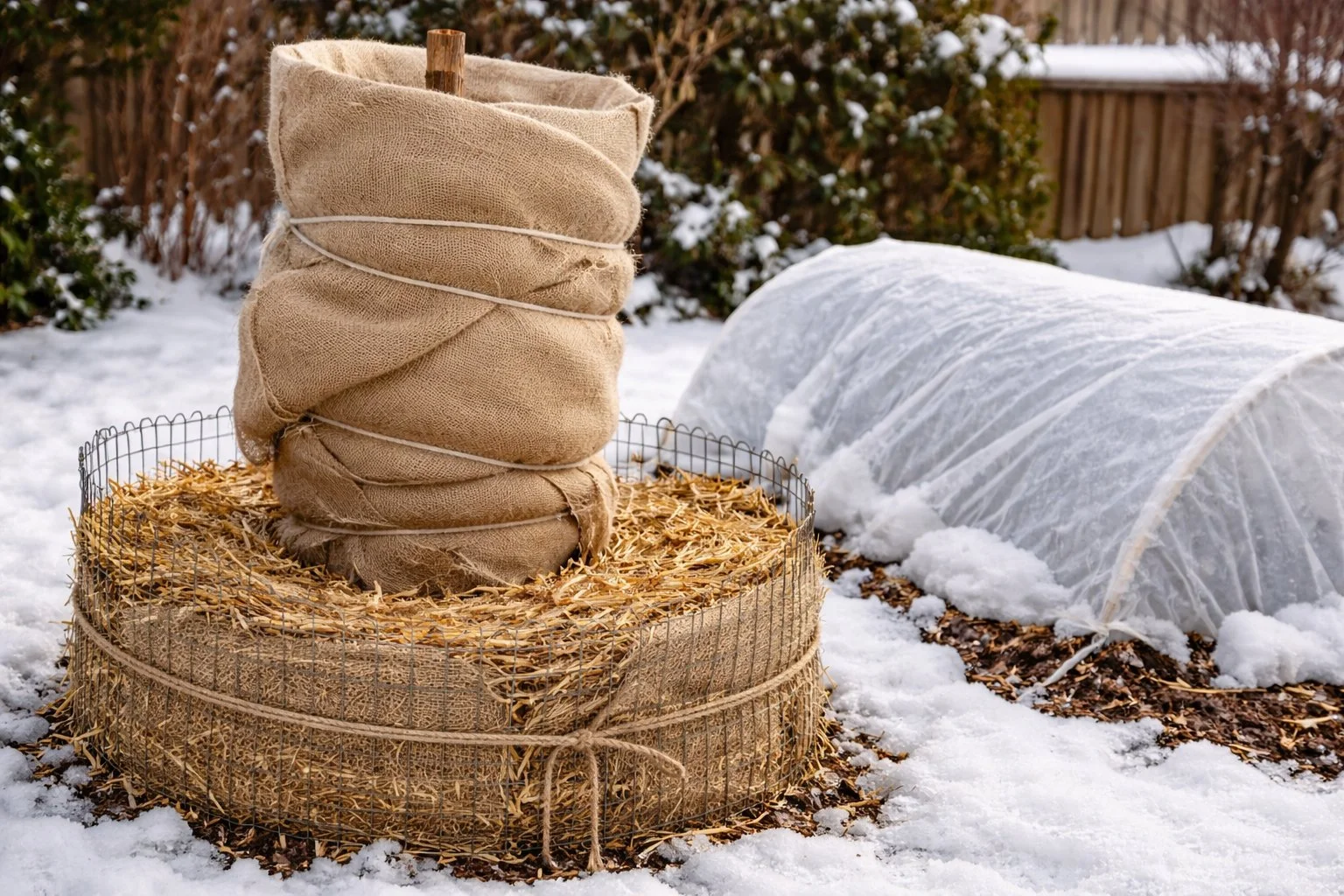 Fig tree prepared for winter protection in a backyard orchard