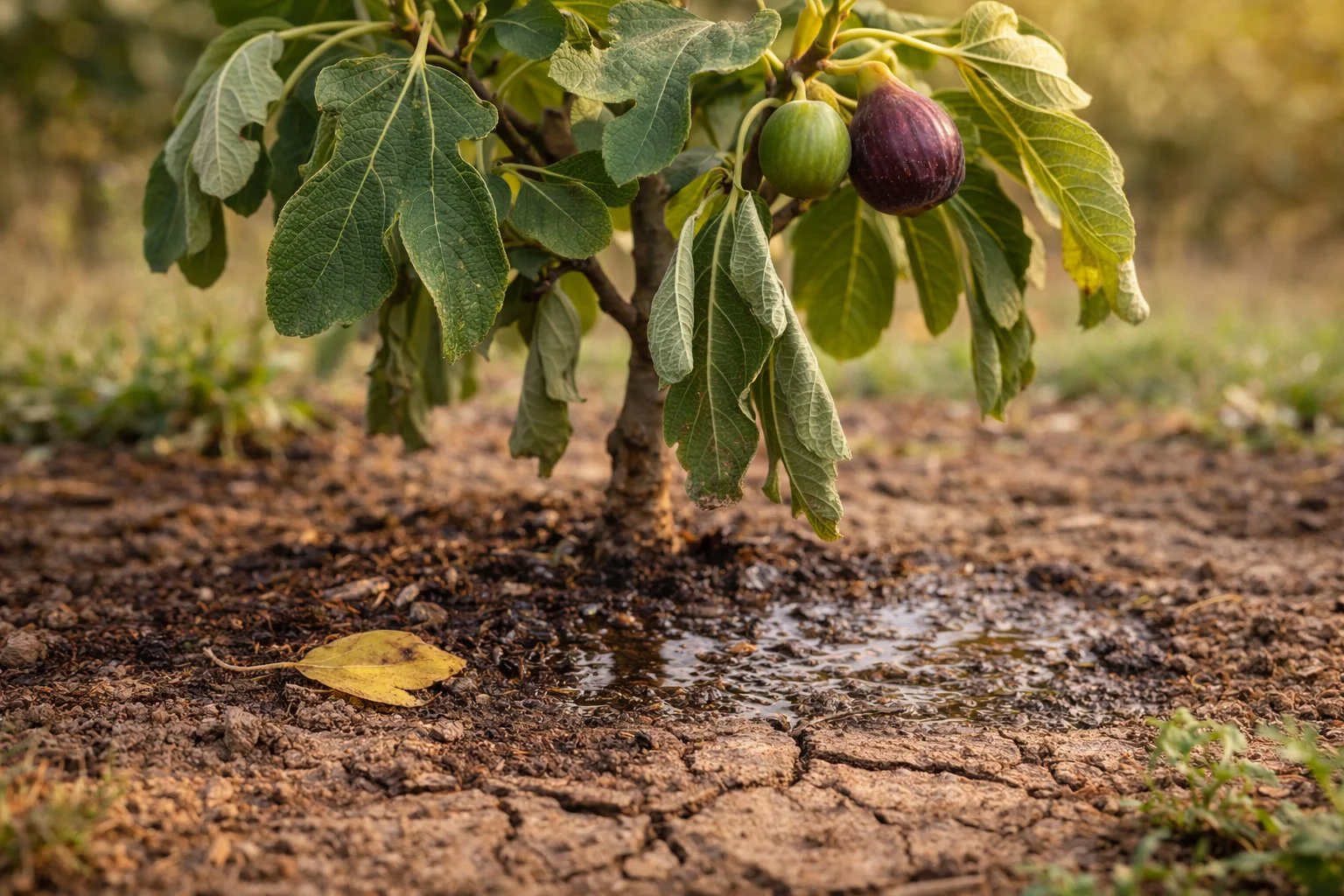 Underwatered fig tree with drooping leaves and dry soil
