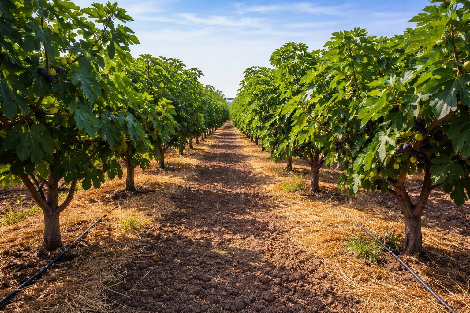A field of rows of fig trees with green leaves and ripening figs, under a blue sky with some clouds.