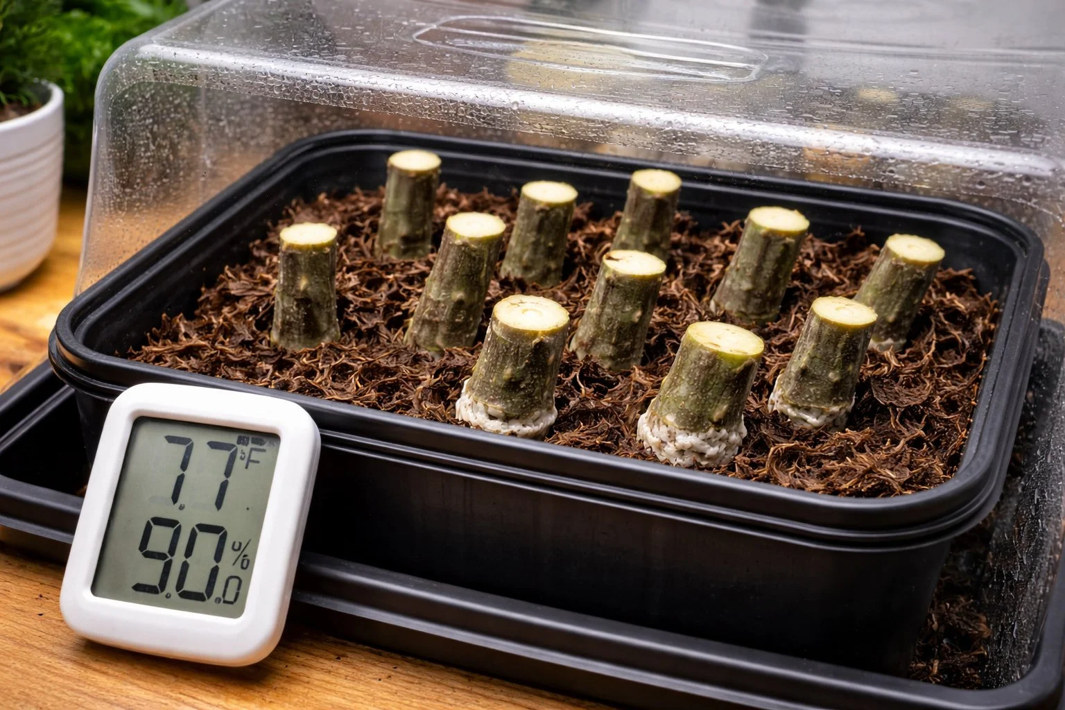 Fig cuttings placed upright in a moist indoor medium under a clear humidity cover during the callusing stage.