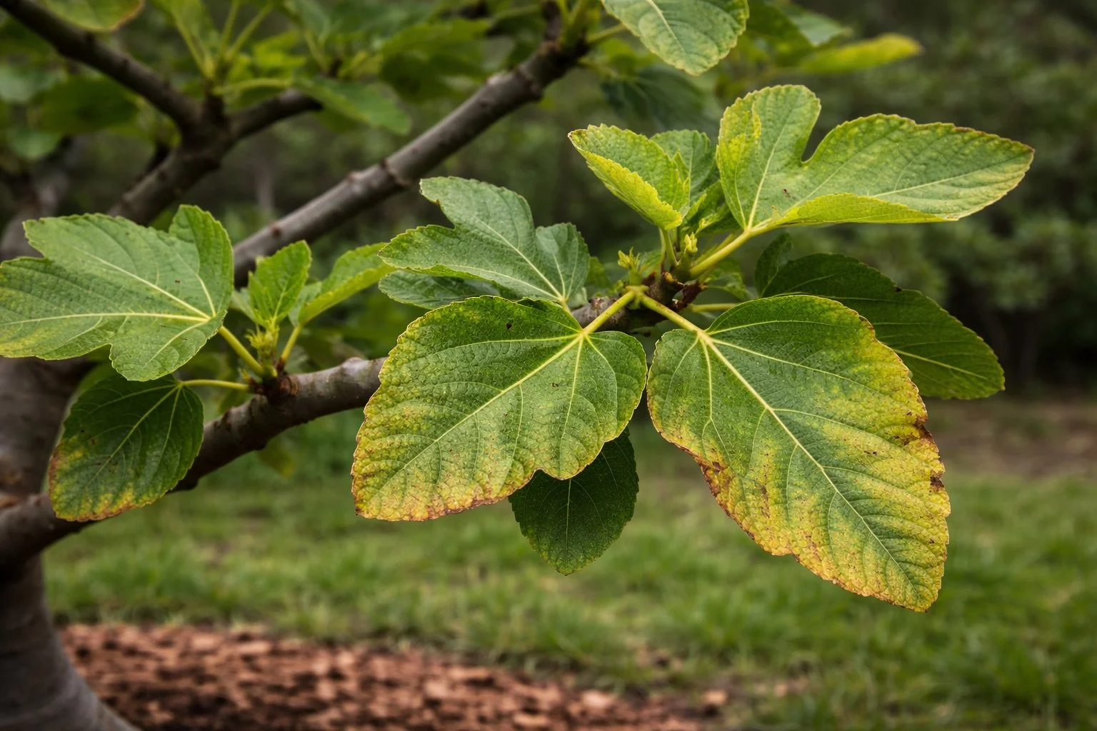 Fig tree leaves showing subtle signs of nutrient deficiency