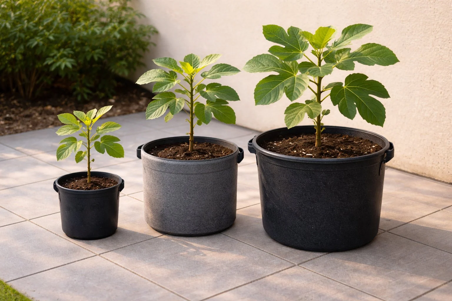 Different container sizes and materials used for growing fig trees, showing how pot choice affects root growth, stability, and drainage